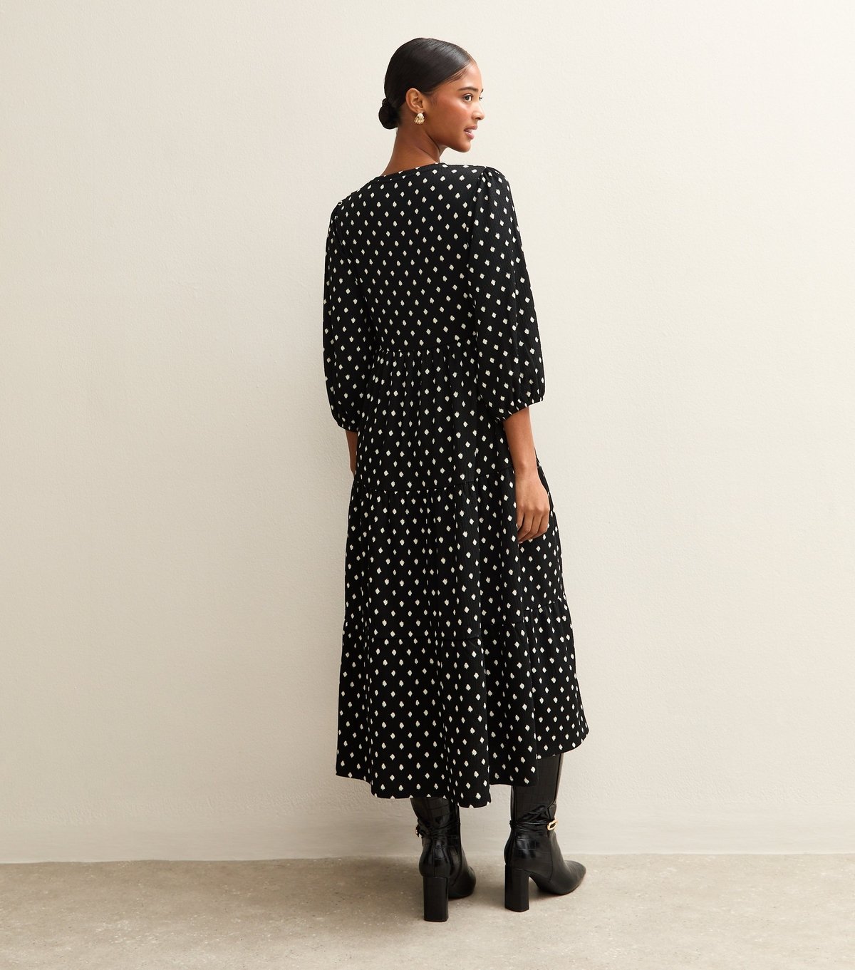New Look Women's Black Spot Crinkled Tiered Midi Dress New Look - 4