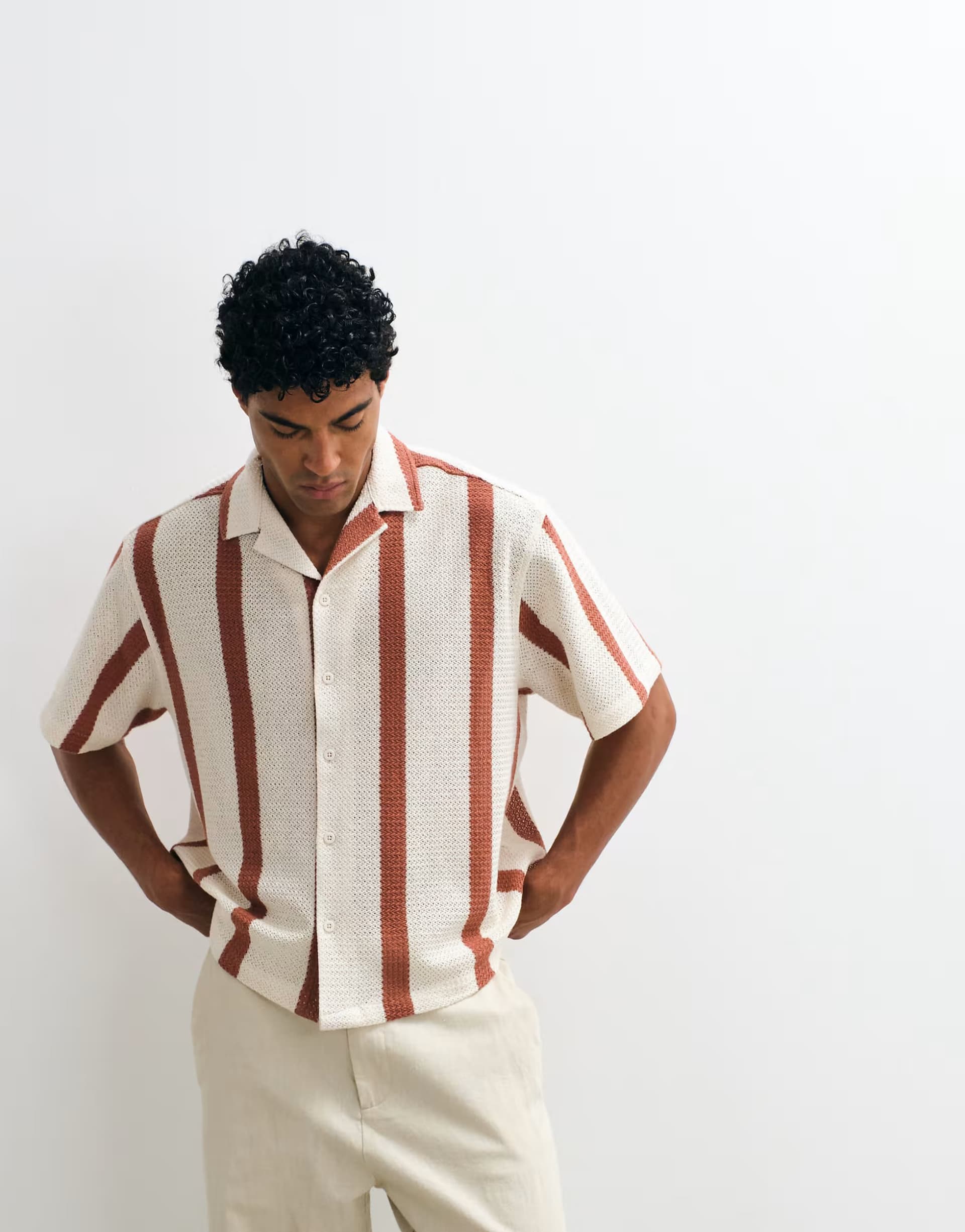 ASOS ASOS DESIGN boxy oversized revere crochet stripe shirt in beige