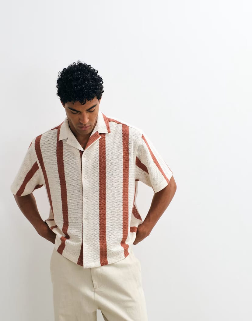 ASOS ASOS DESIGN boxy oversized revere crochet stripe shirt in beige - 1