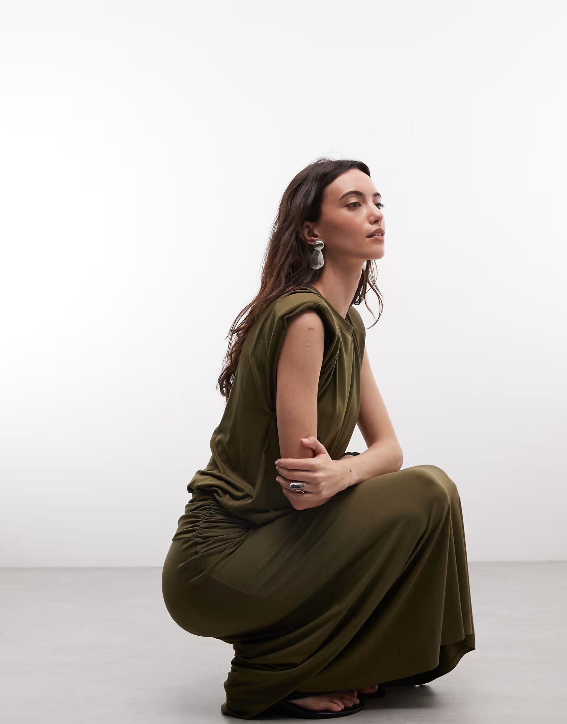 ASOS DESIGN Khaki Ruched Waist Maxi Dress