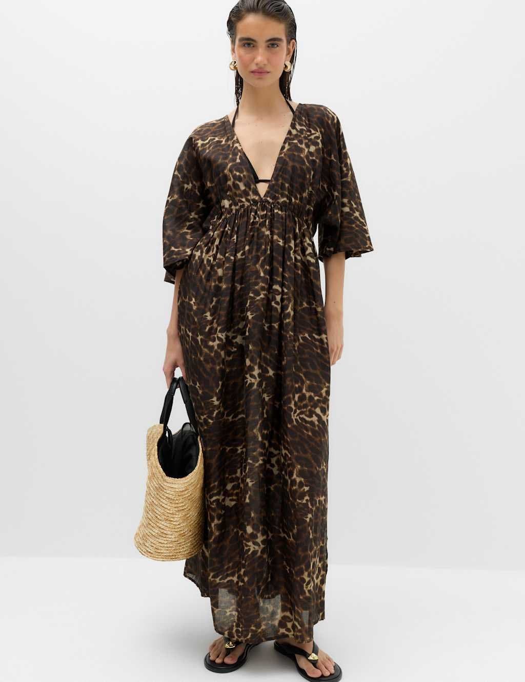 Marks & Spencer M&S Pure Cotton Printed V-Neck Sheer Kaftan Brown Mix