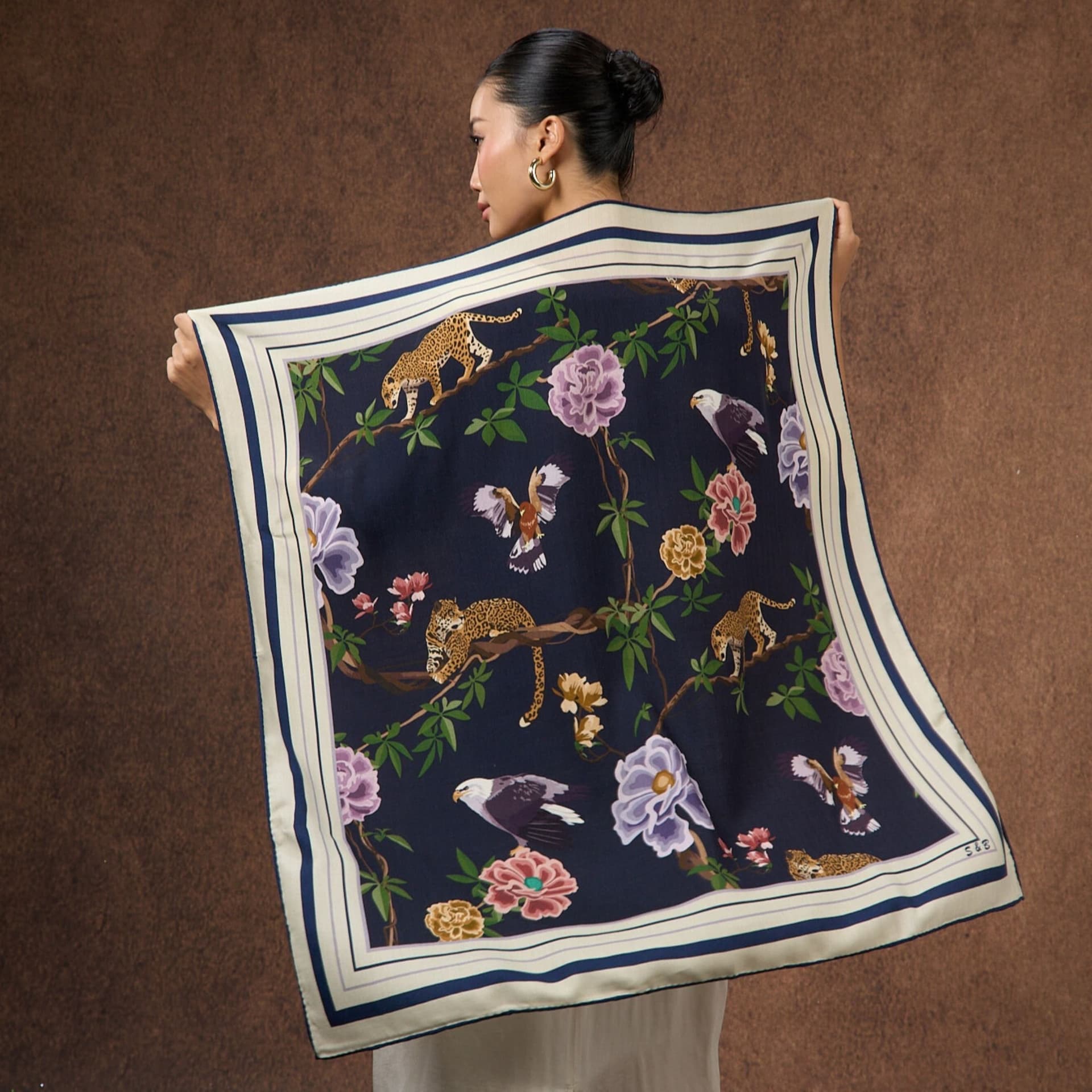 Silk and Bears Silk and Bears Navy Jungle Animal Silk Wool Scarf