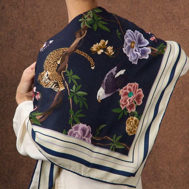 Silk and Bears Silk and Bears Women's Navy Jungle Animal Silk Wool Scarf - Luxury Square Scarf - 2