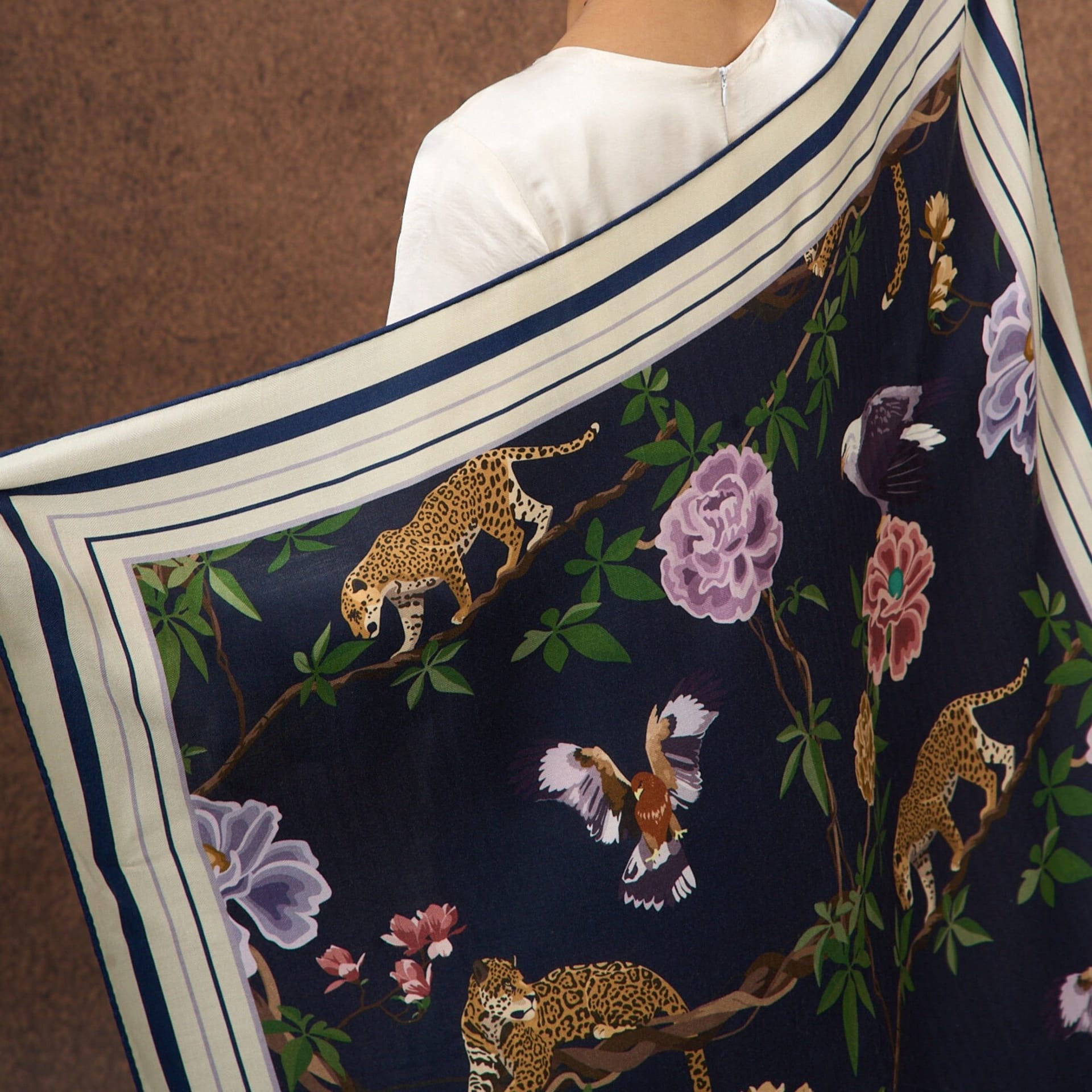 Silk and Bears Silk and Bears Women's Navy Jungle Animal Silk Wool Scarf - Luxury Square Scarf - 4