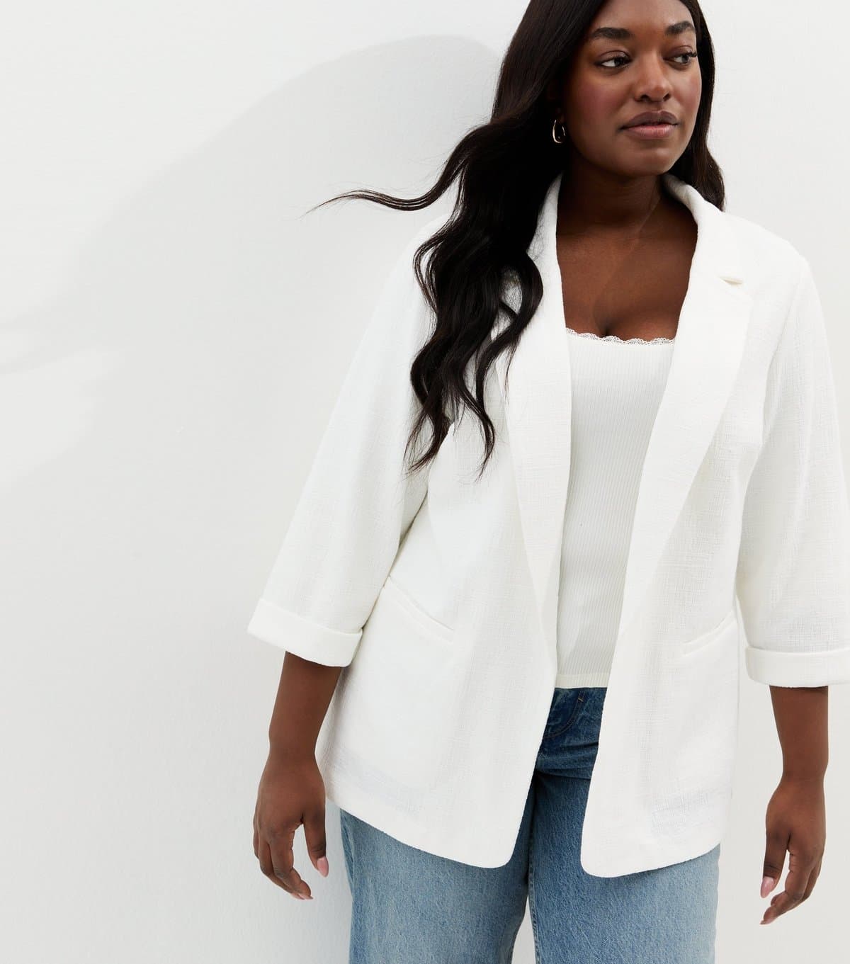 New Look Women's Plus Size White Textured Jersey Blazer Curves New Look