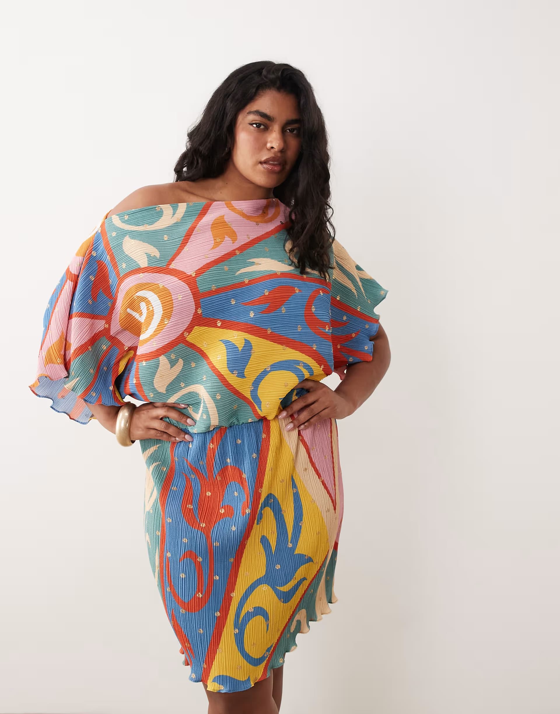 ASOS Never Fully Dressed Plus Tilly off shoulder plisse mini dress in kaleidoscope print