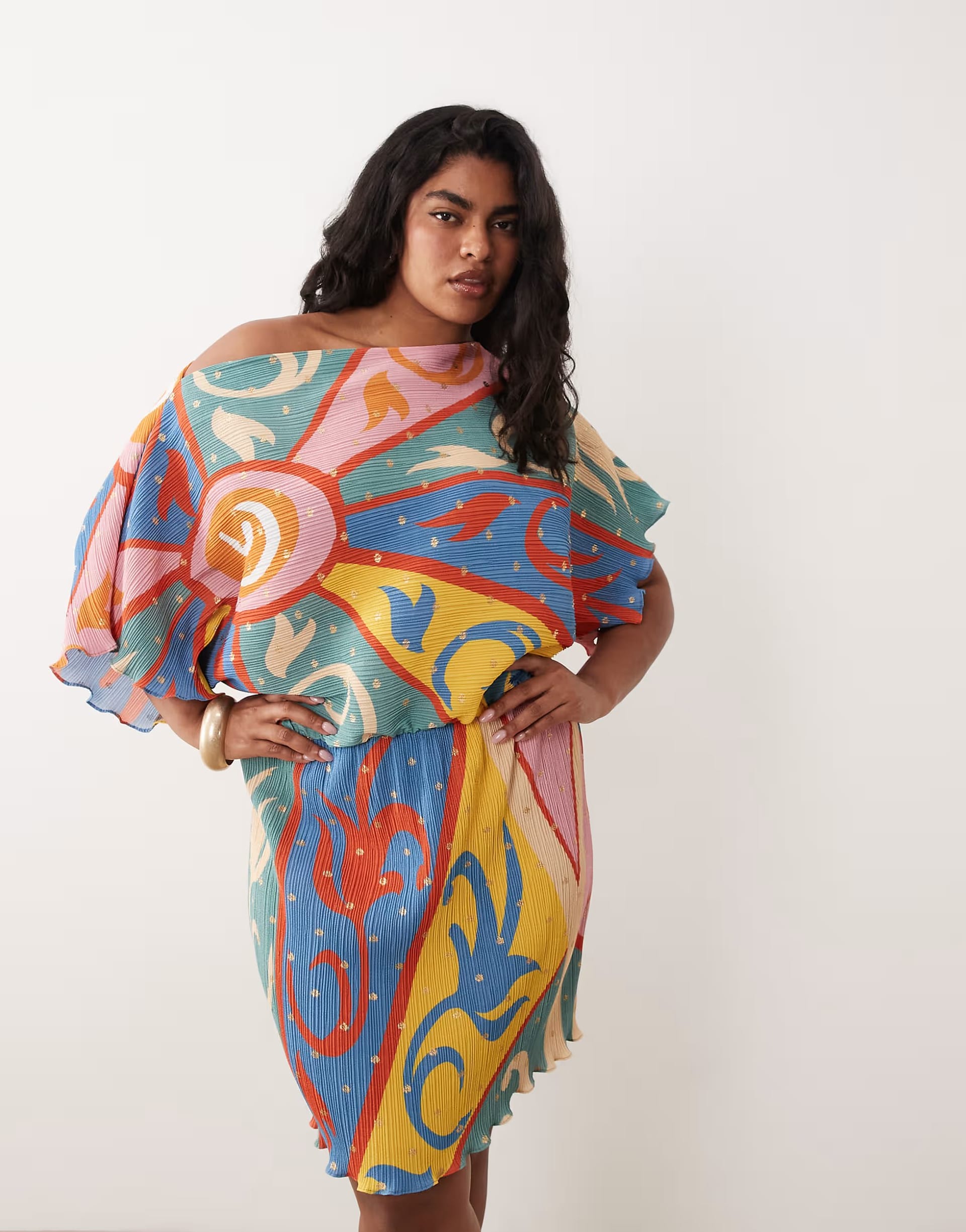 ASOS Plus Tilly Off-Shoulder Plisse Mini Dress in Kaleidoscope