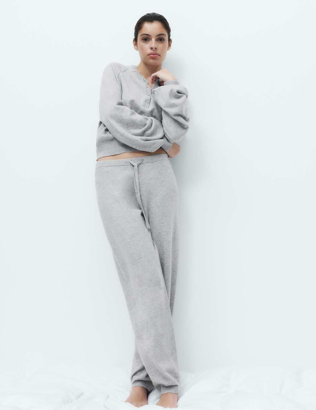 Marks & Spencer M&S Knitted Barrel Leg Loungewear Bottoms Grey Marl