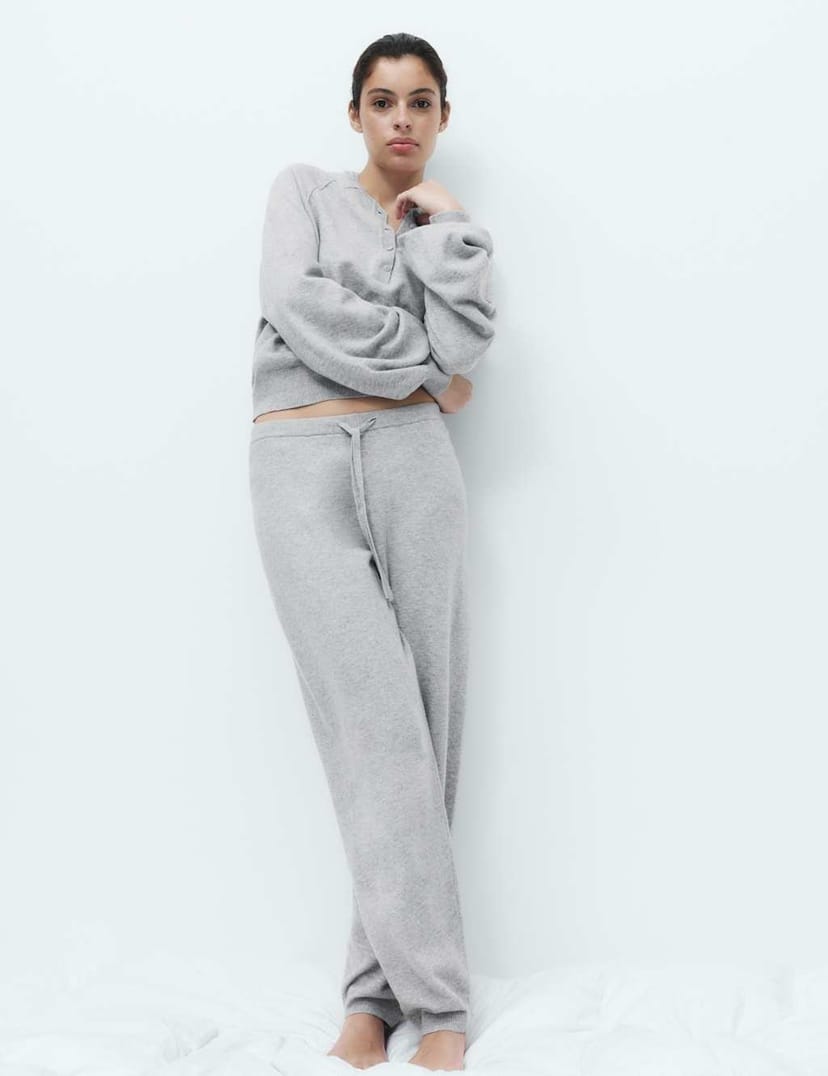 Marks & Spencer M&S Knitted Barrel Leg Loungewear Bottoms Grey Marl - 1