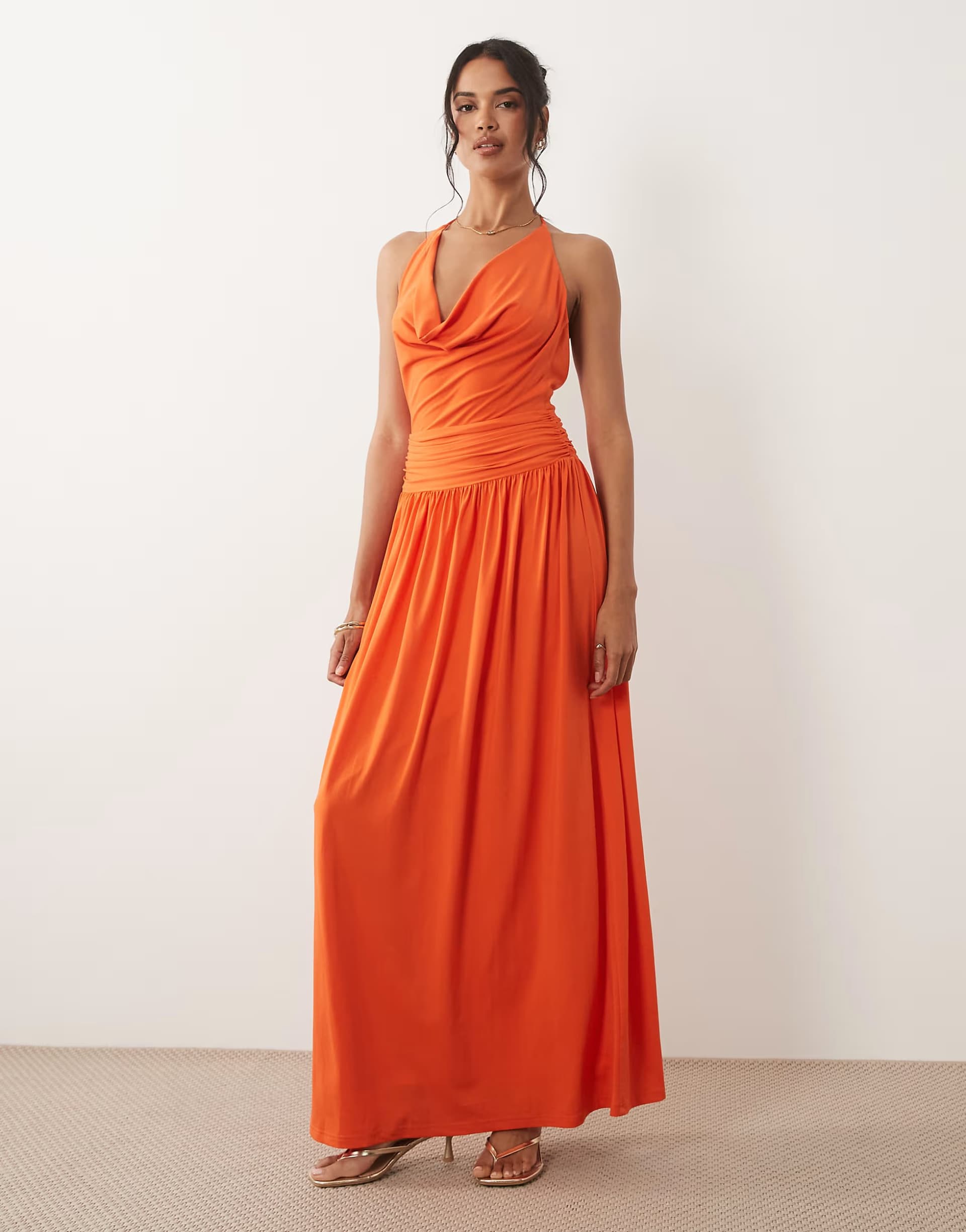 ASOS TFNC slinky cami halter full skirt maxi dress in orange
