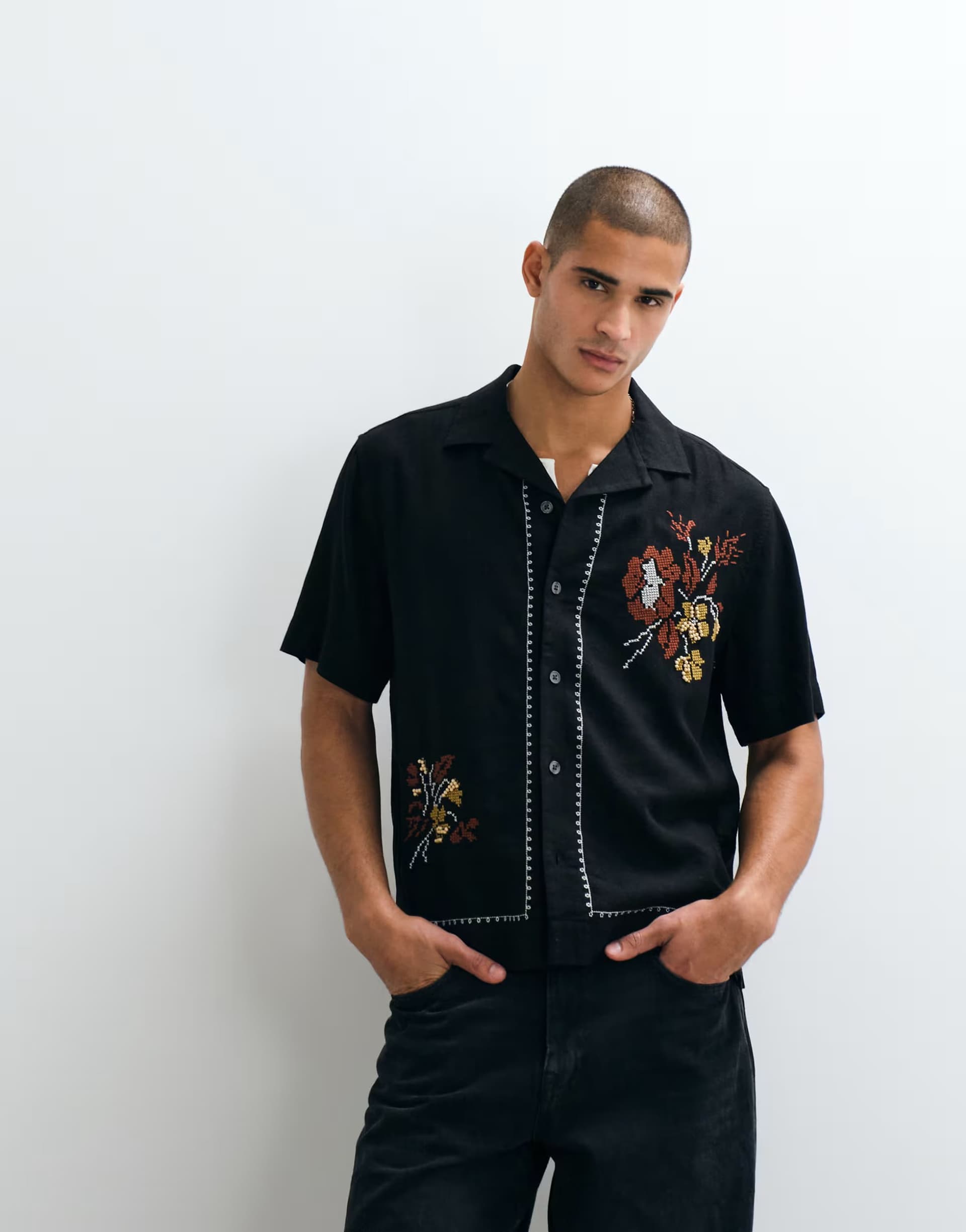 ASOS Abercrombie & Fitch linen rich resort embroidered short sleeve shirt in black floral
