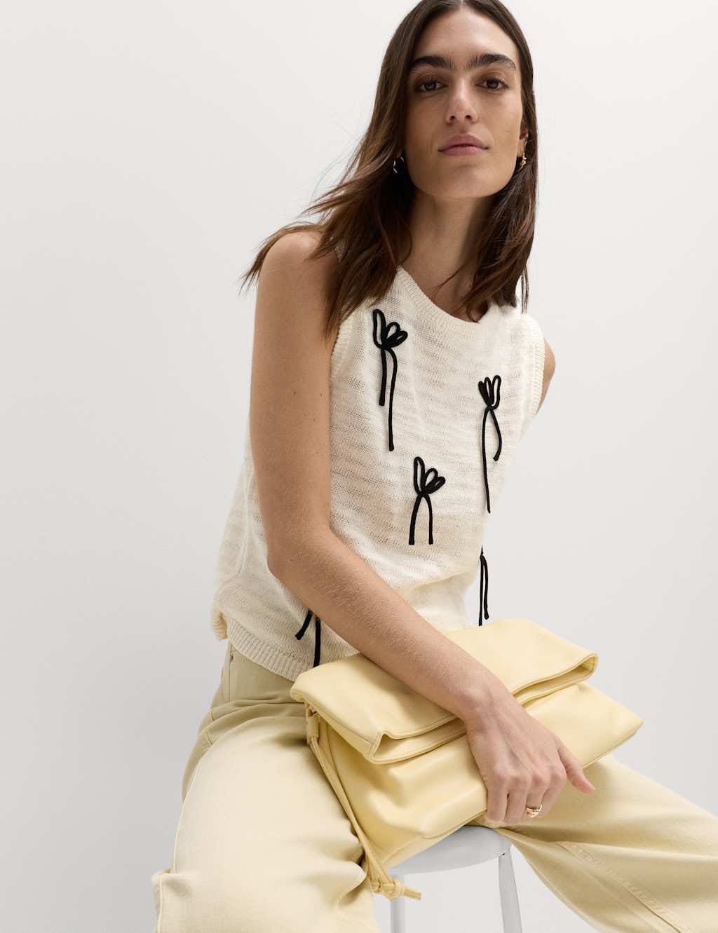 M&S Cotton Rich Floral Cornelli Knitted Vest Ivory
