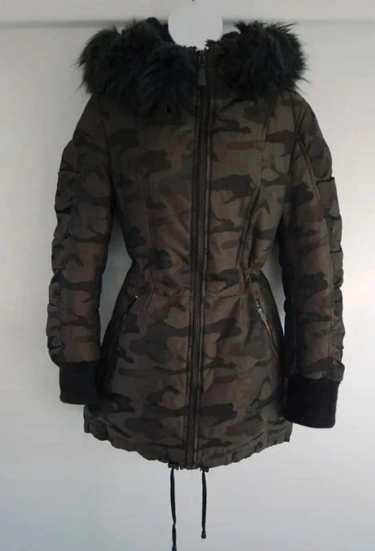 DKNY Khaki Camo Duck Down Parka Coat, Size Small