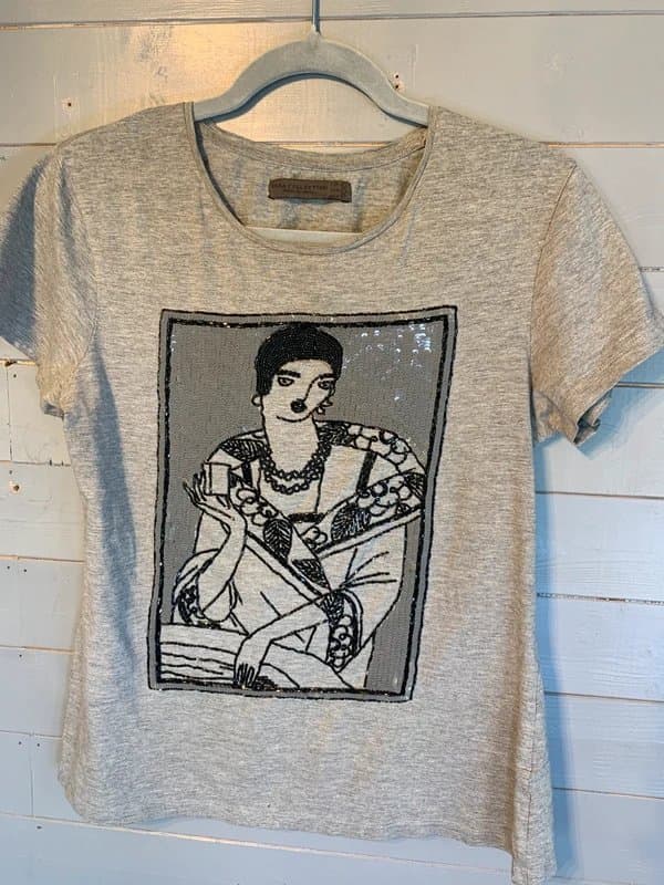 Zara Y2K Zara collection sequin art graphic t-shirt grey UK 10