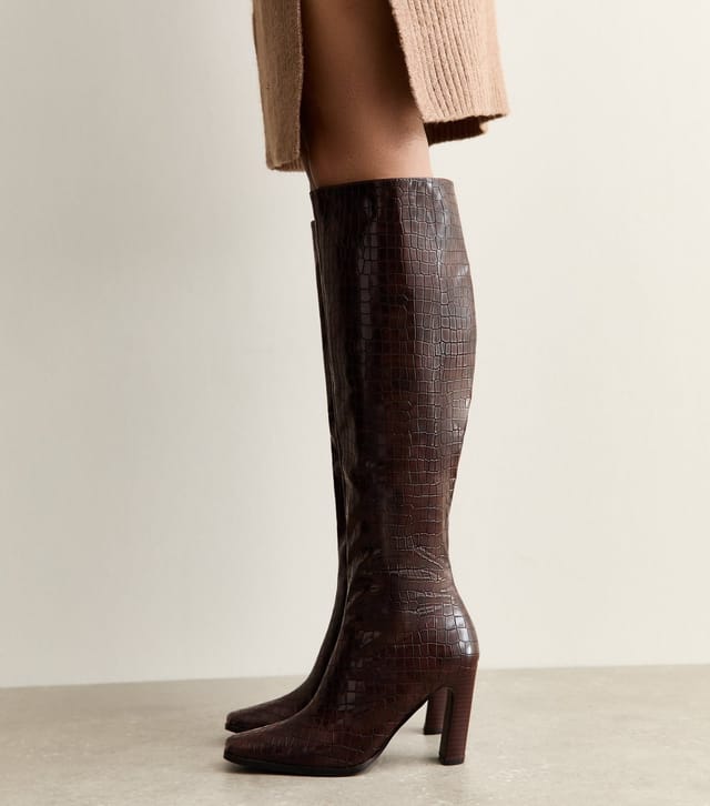 Public Desire Women's Brown Acquilla Faux Croc Knee High Boots Public Desire New Look - 2