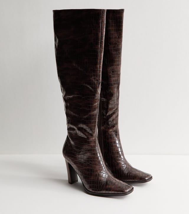 Public Desire Women's Brown Acquilla Faux Croc Knee High Boots Public Desire New Look - 3