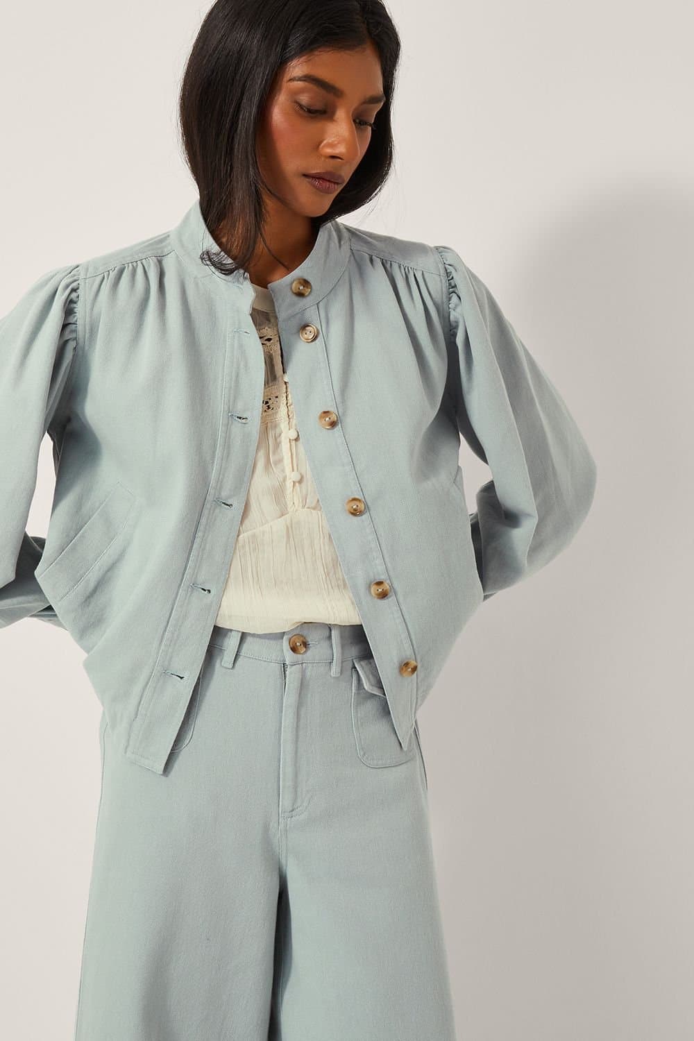 Monsoon Monsoon Pale Blue Cotton Puff Sleeve Jacket