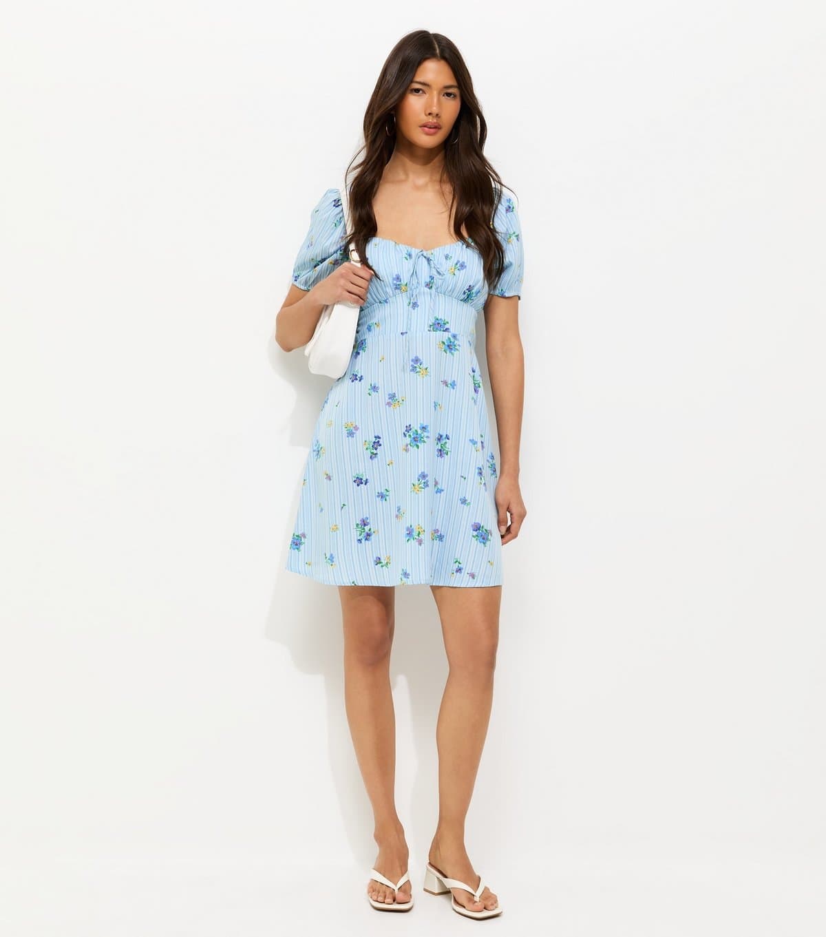 New Look Women's Blue Crepe Striped Floral Print Milkmaid Mini Dress New Look