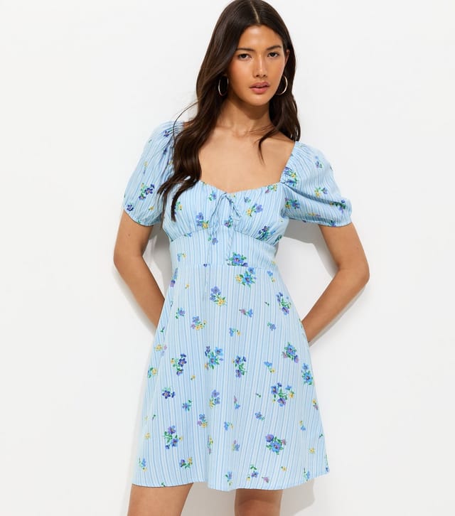 New Look Women's Blue Crepe Striped Floral Print Milkmaid Mini Dress New Look - 2