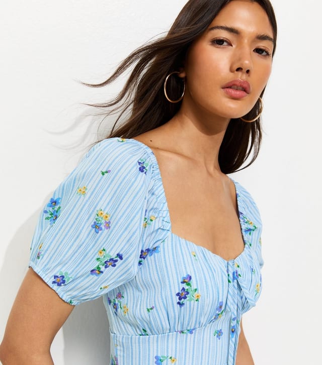 New Look Women's Blue Crepe Striped Floral Print Milkmaid Mini Dress New Look - 3