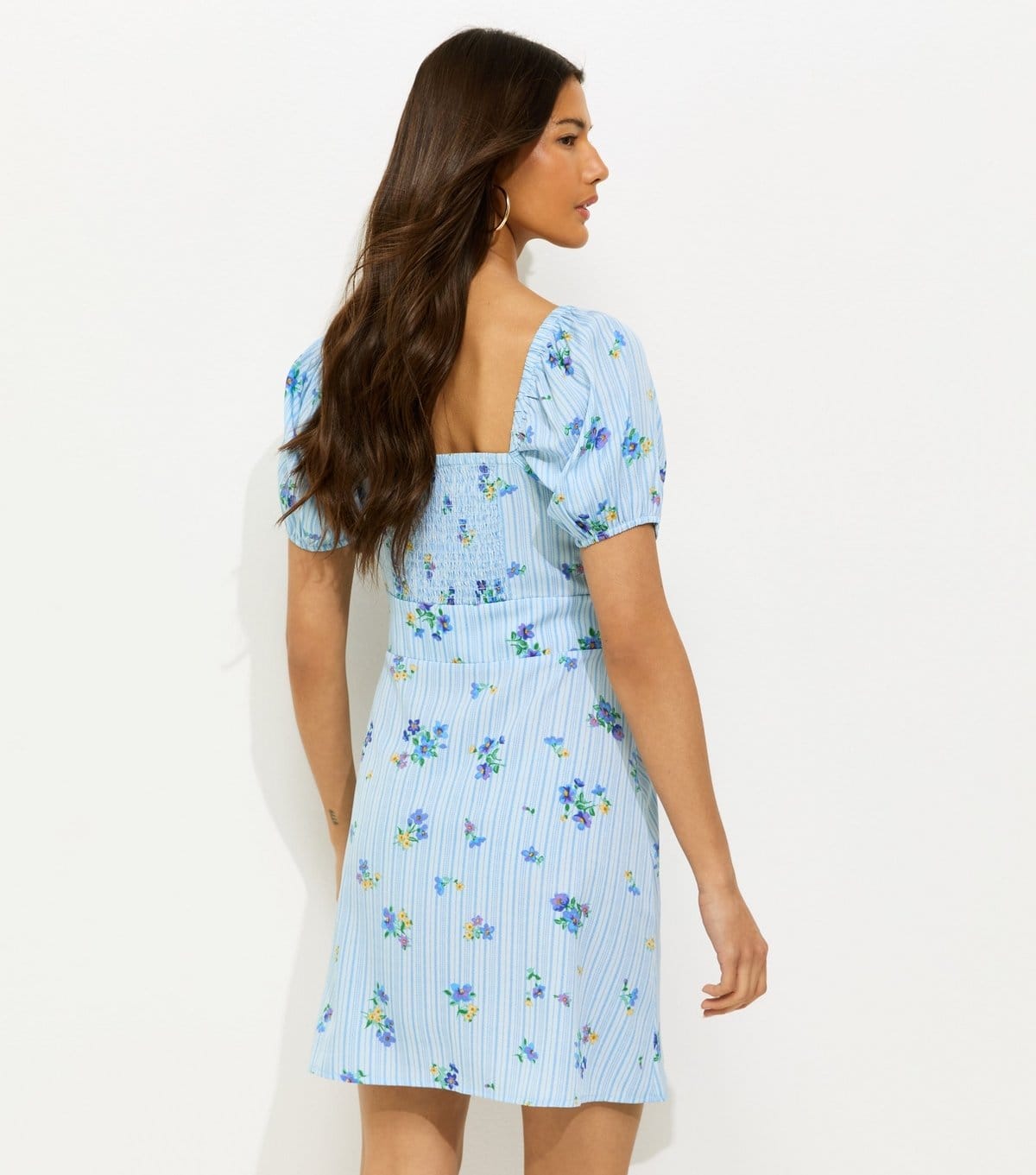 New Look Women's Blue Crepe Striped Floral Print Milkmaid Mini Dress New Look - 4