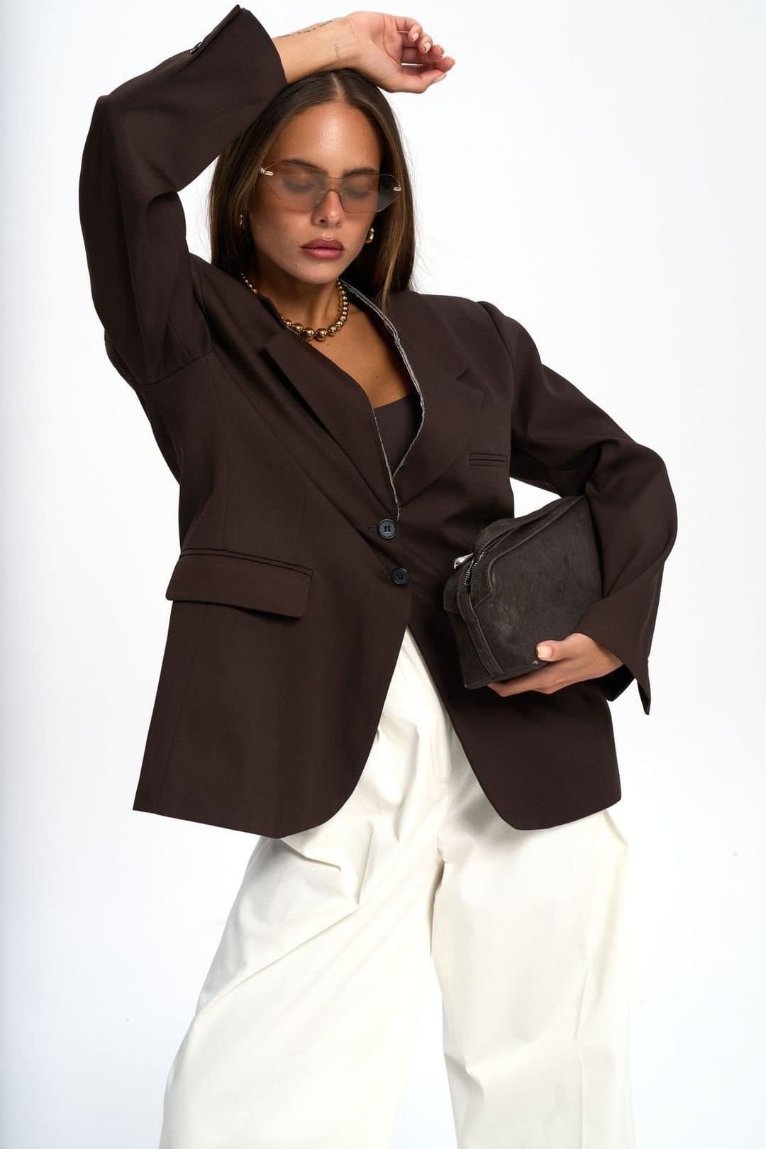 MAI STUDIOS CO. MAI STUDIOS CO. Brown Button Blazer with Shawl Collar