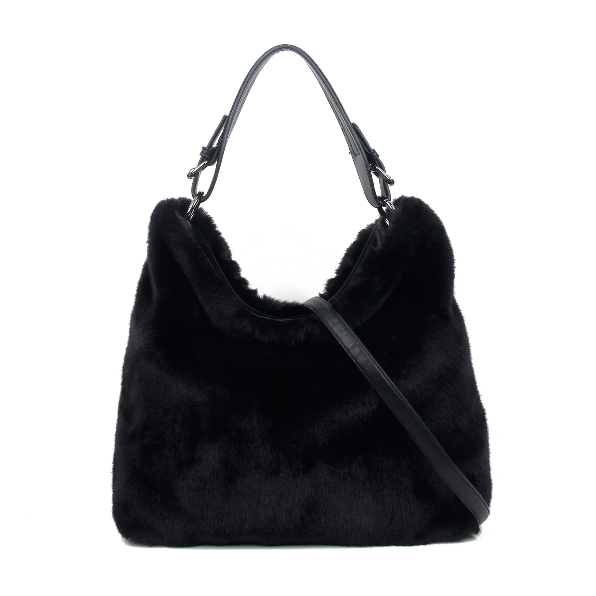 JFY JFY Women's Faux Fur Top Zip Closure Shoulder Bag in Black
