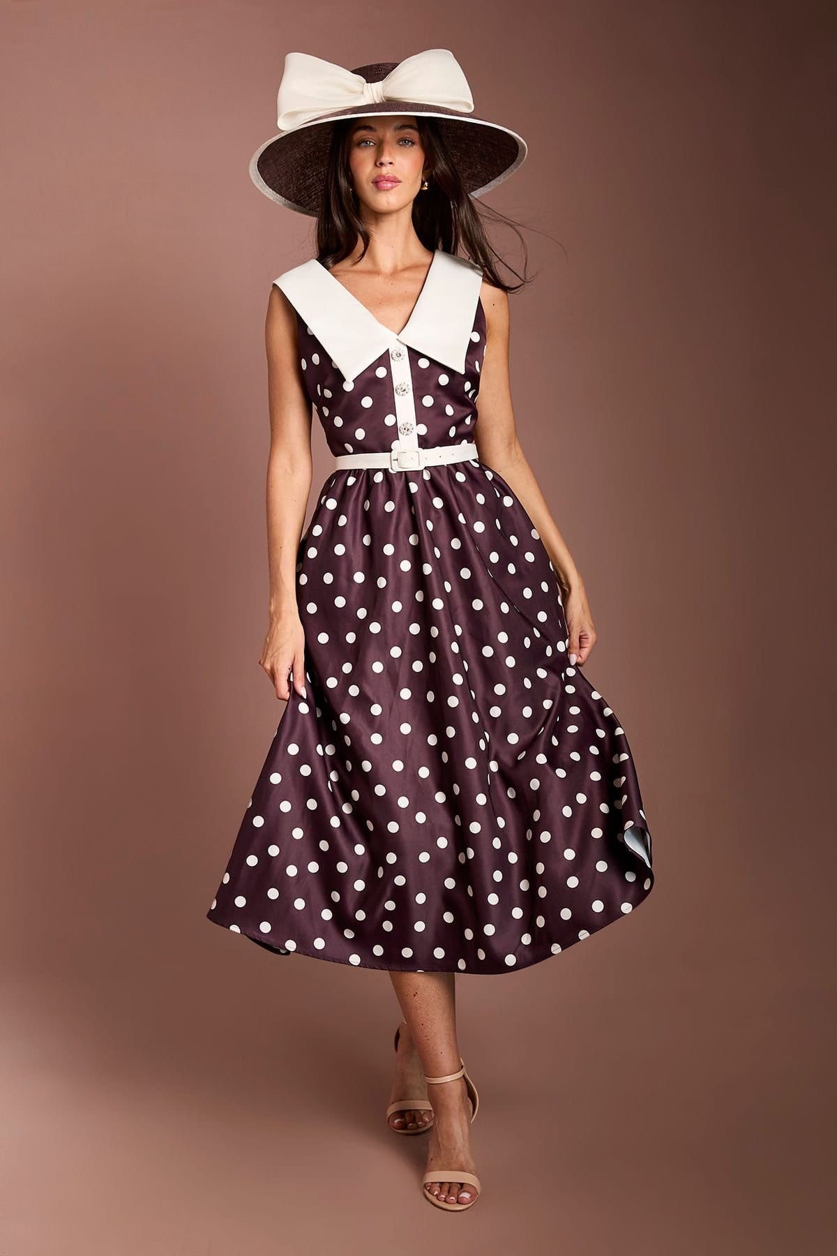 Coast Espresso Polka Dot Midi Dress with Contrast Collar