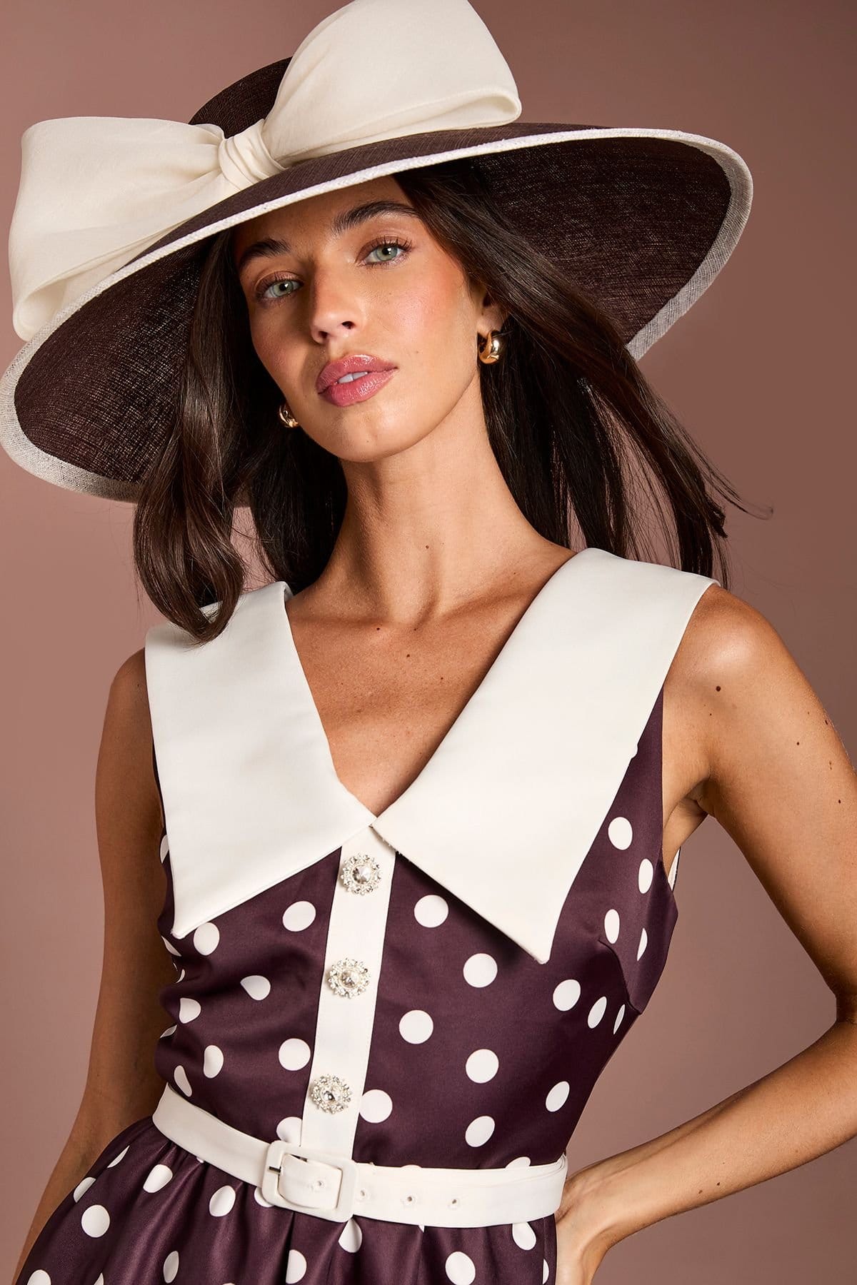Coast Coast Women's Lisa Tan Polka Dot Collared V Neck Crepe Midi Dress in Espresso - 4