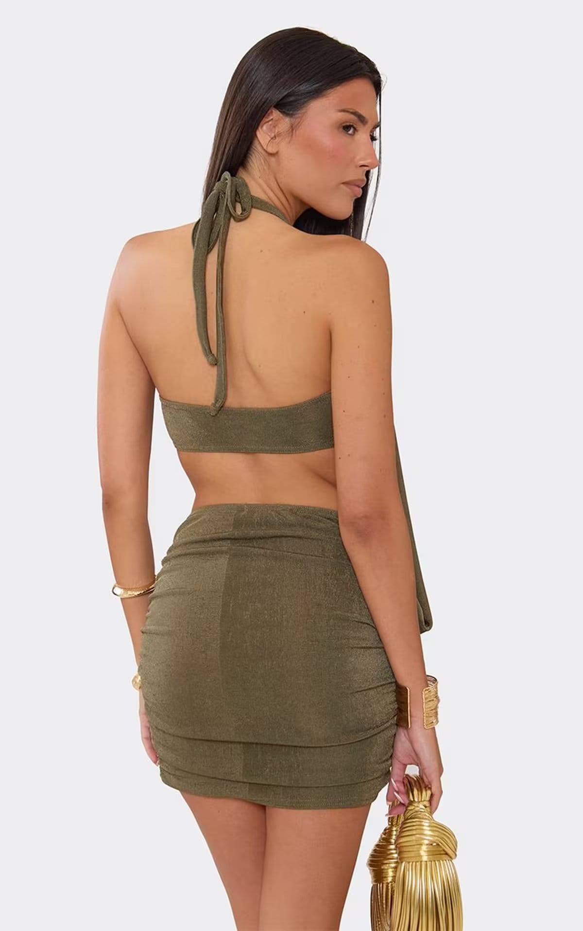 EGO High Neck Drape Front Cut Out Mini Dress In Khaki, Women's Size UK 6 - 1