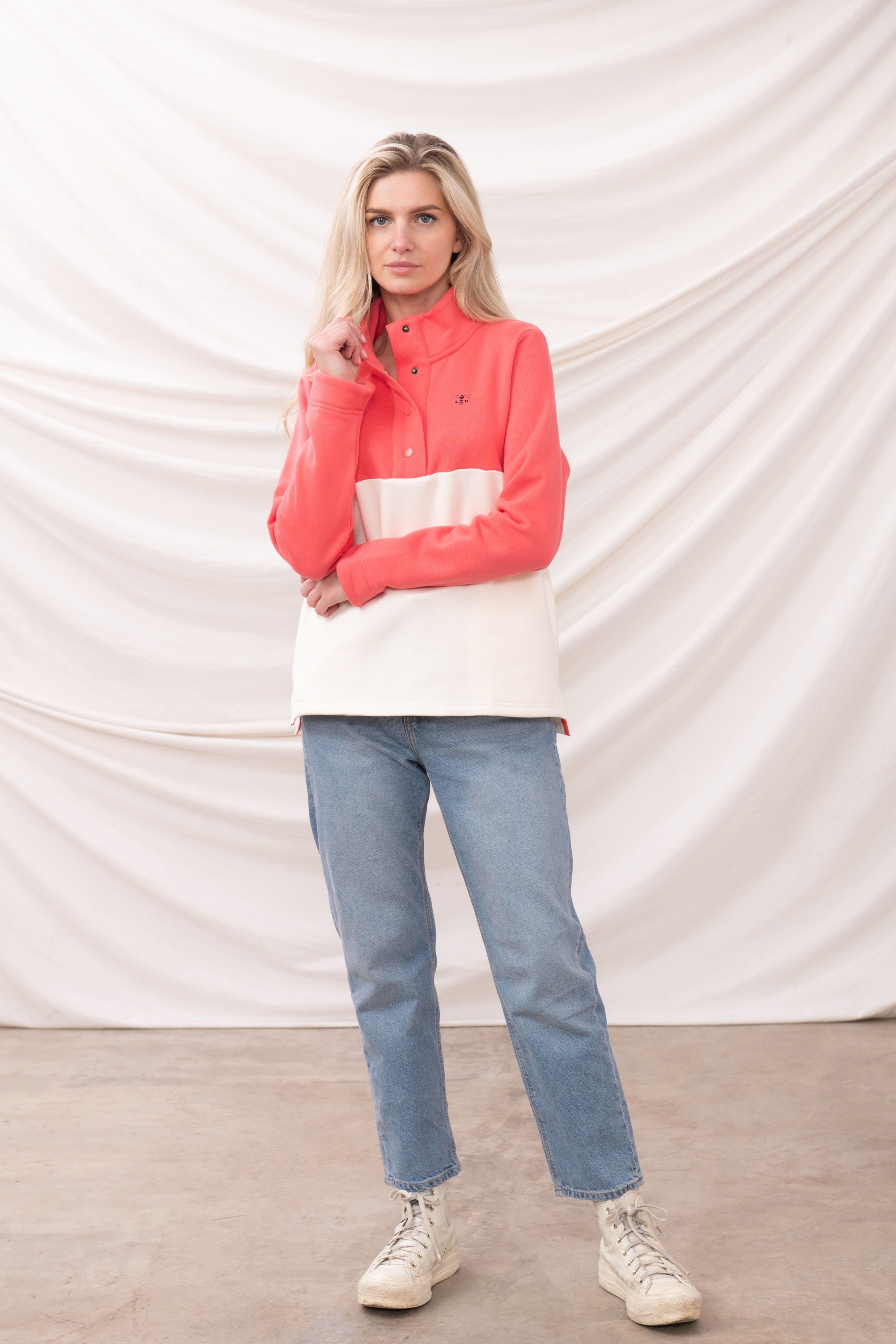 Lighthouse Clothing Lighthouse Clothing Women's Haven Jersey Popper Detail Cotton Top in Coral - 4