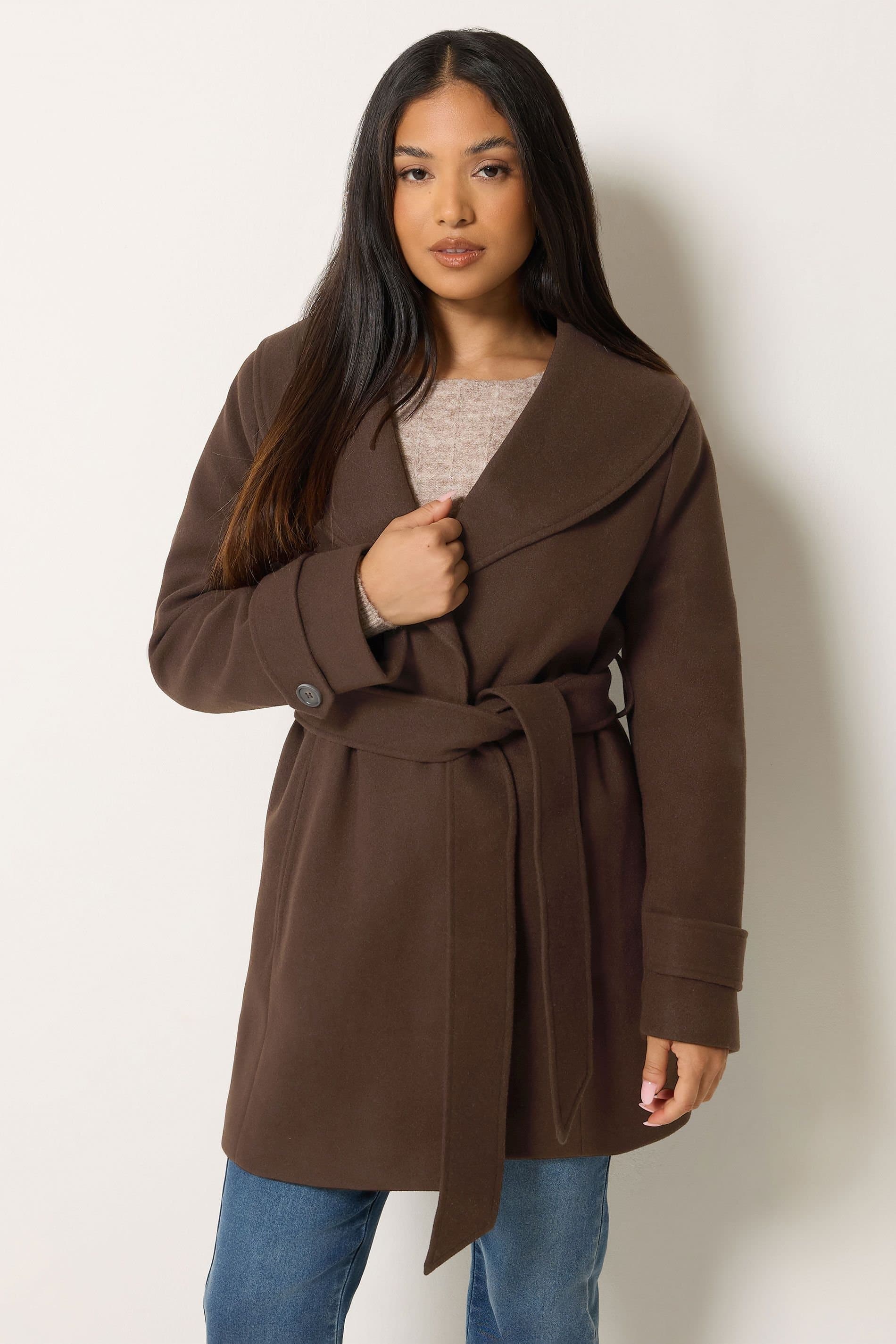M&Co M&Co Women's Petite Belted Midi Coat in Chocolate