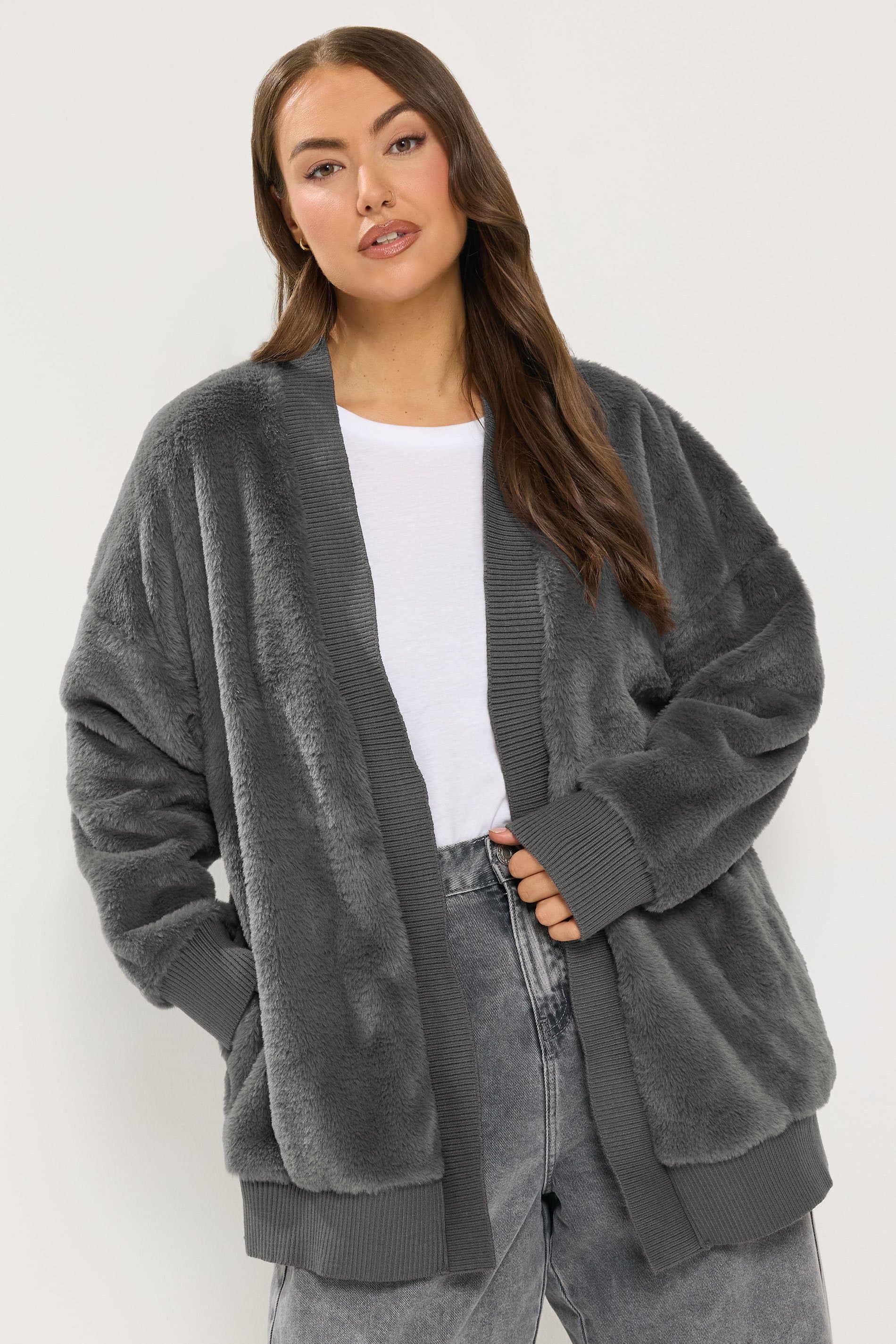 Yours Plus Size Grey Faux Fur Cardigan