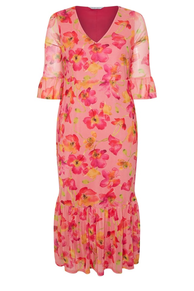 Yours Yours Women's Floral Mesh Tiered Dress in Pink - 2