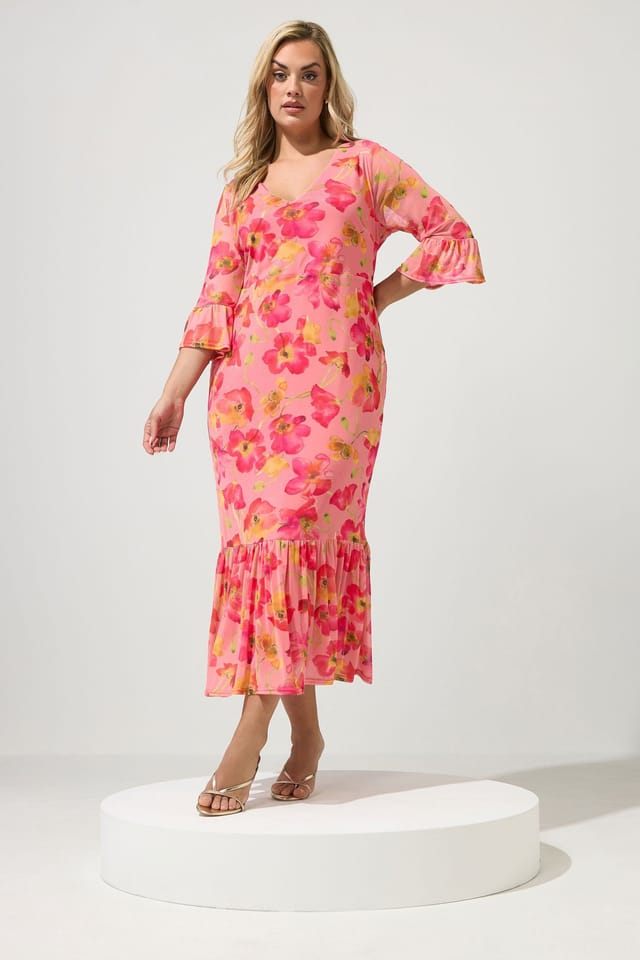 Yours Yours Women's Floral Mesh Tiered Dress in Pink - 3