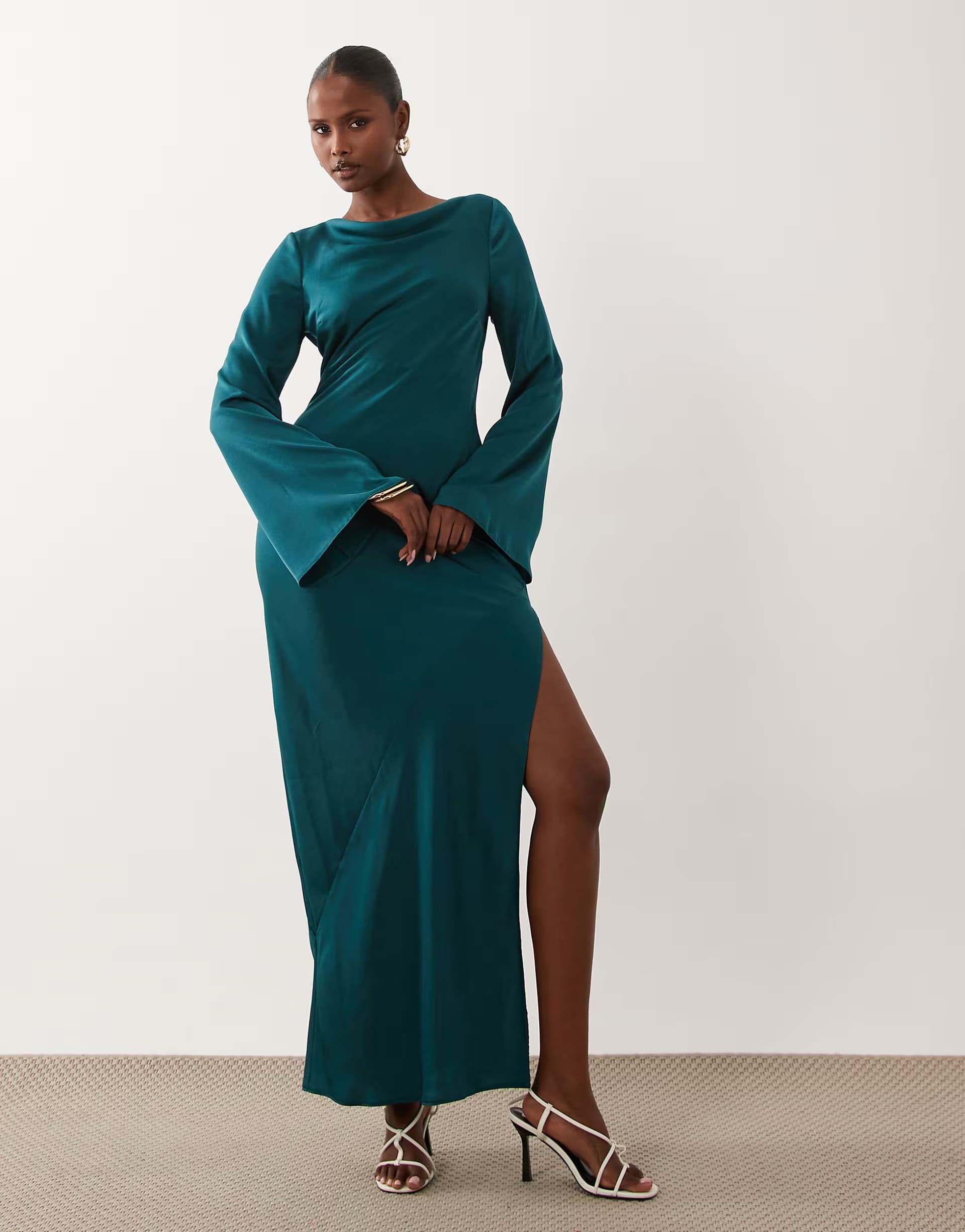 ASOS ASOS DESIGN satin maxi dress with flute sleeves in teal