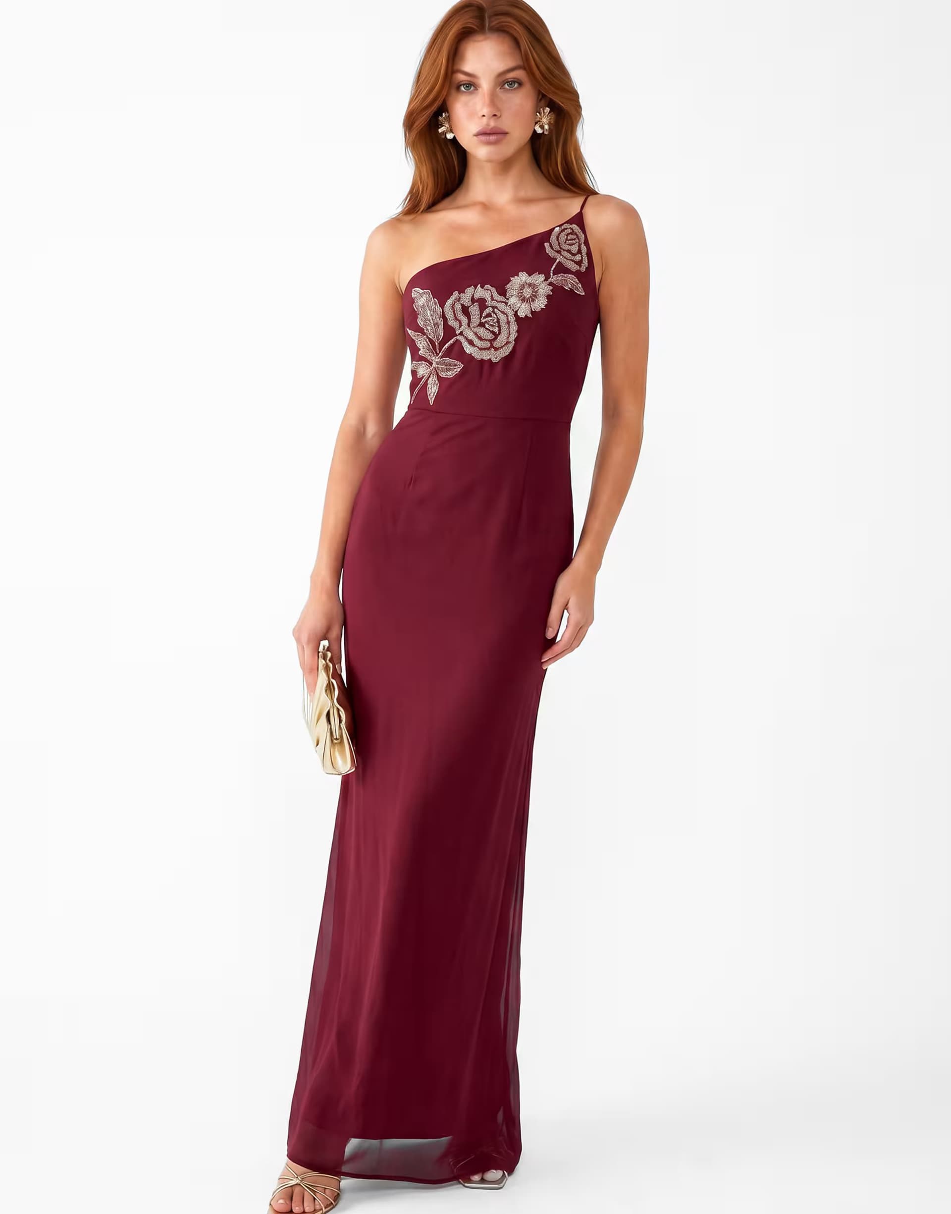 ASOS Maya Embellished strappy one shoulder maxi dress in ruby