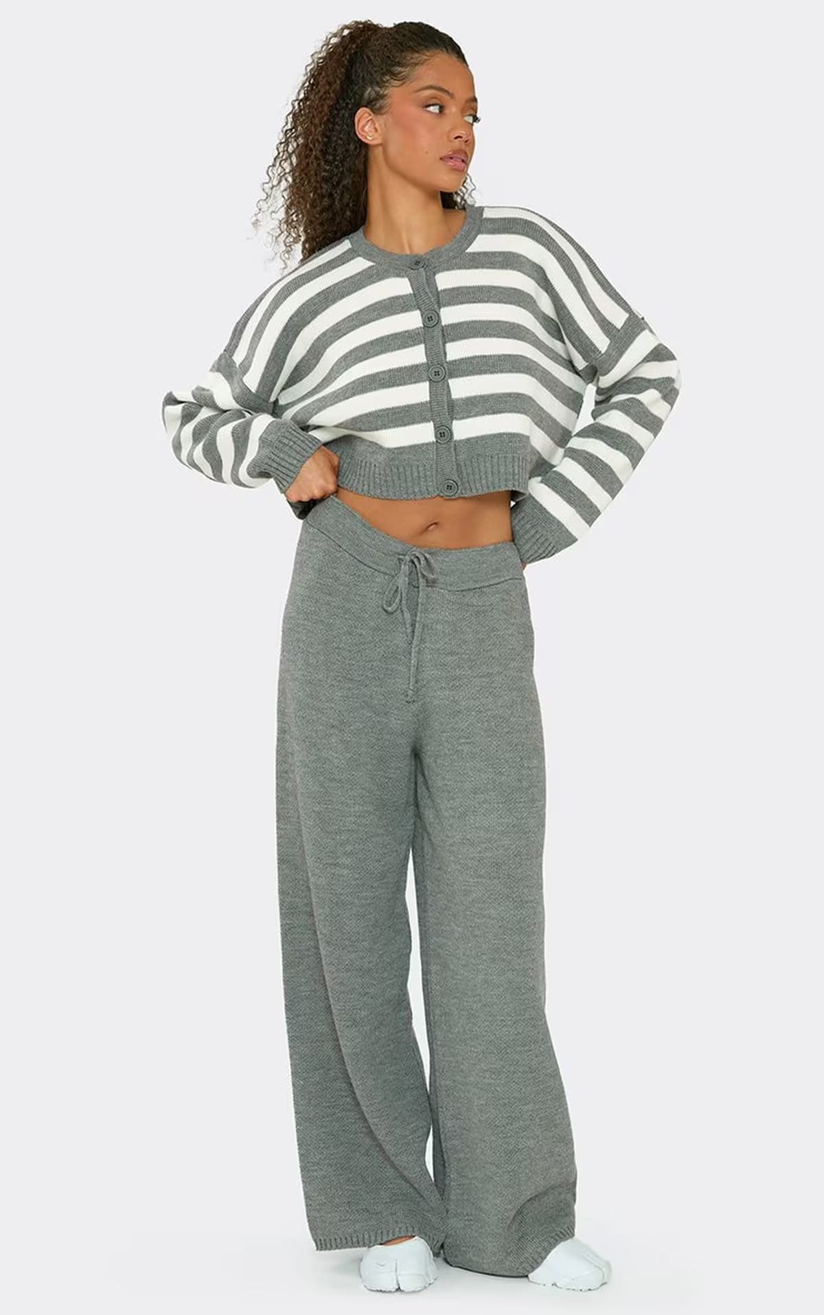 EGO Grey Stripe Knit Long Sleeve Button-Up Cardigan