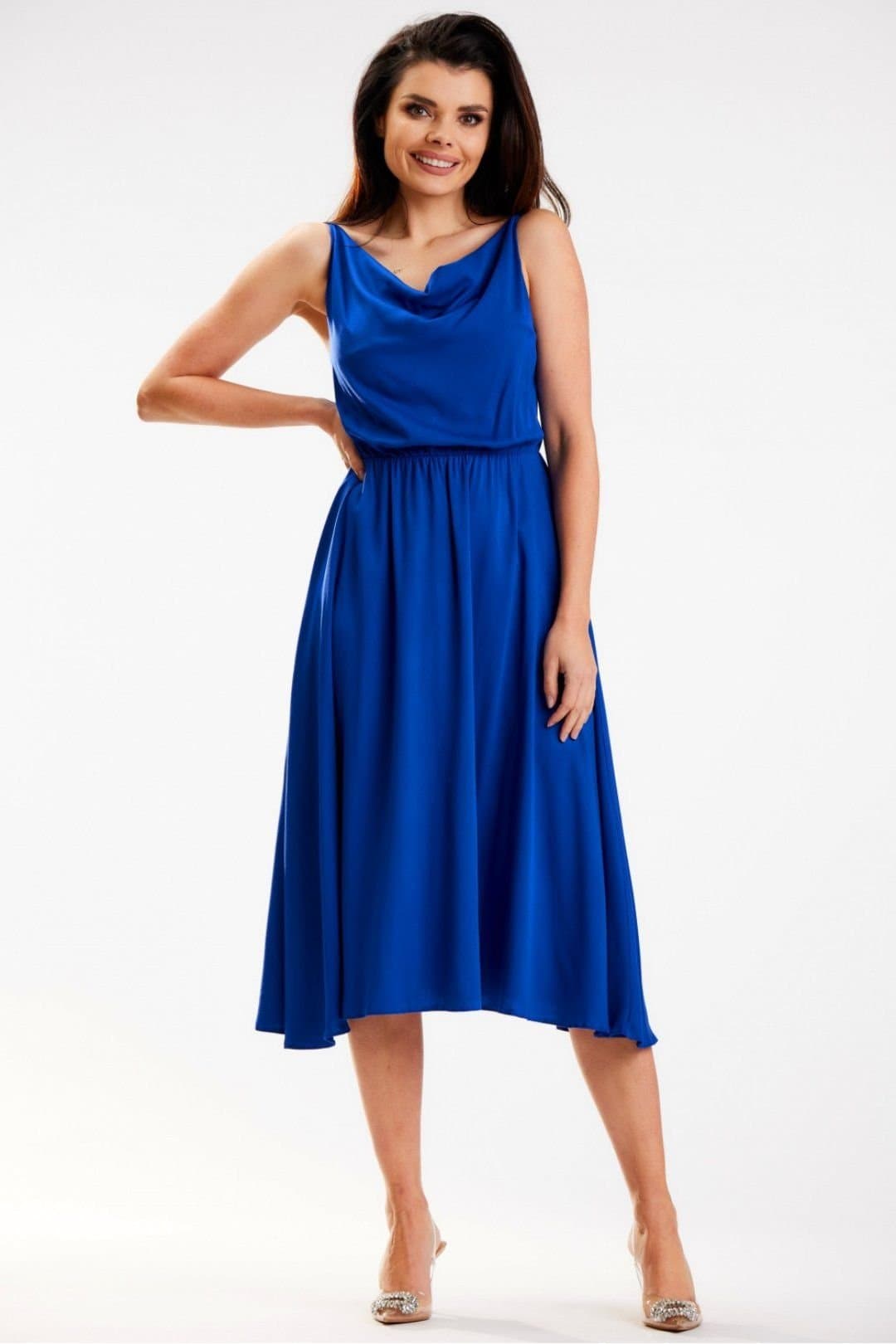 Love Lace Love Lace Women's Crinkled Neckline Midi Dress with Thin Straps in Blue