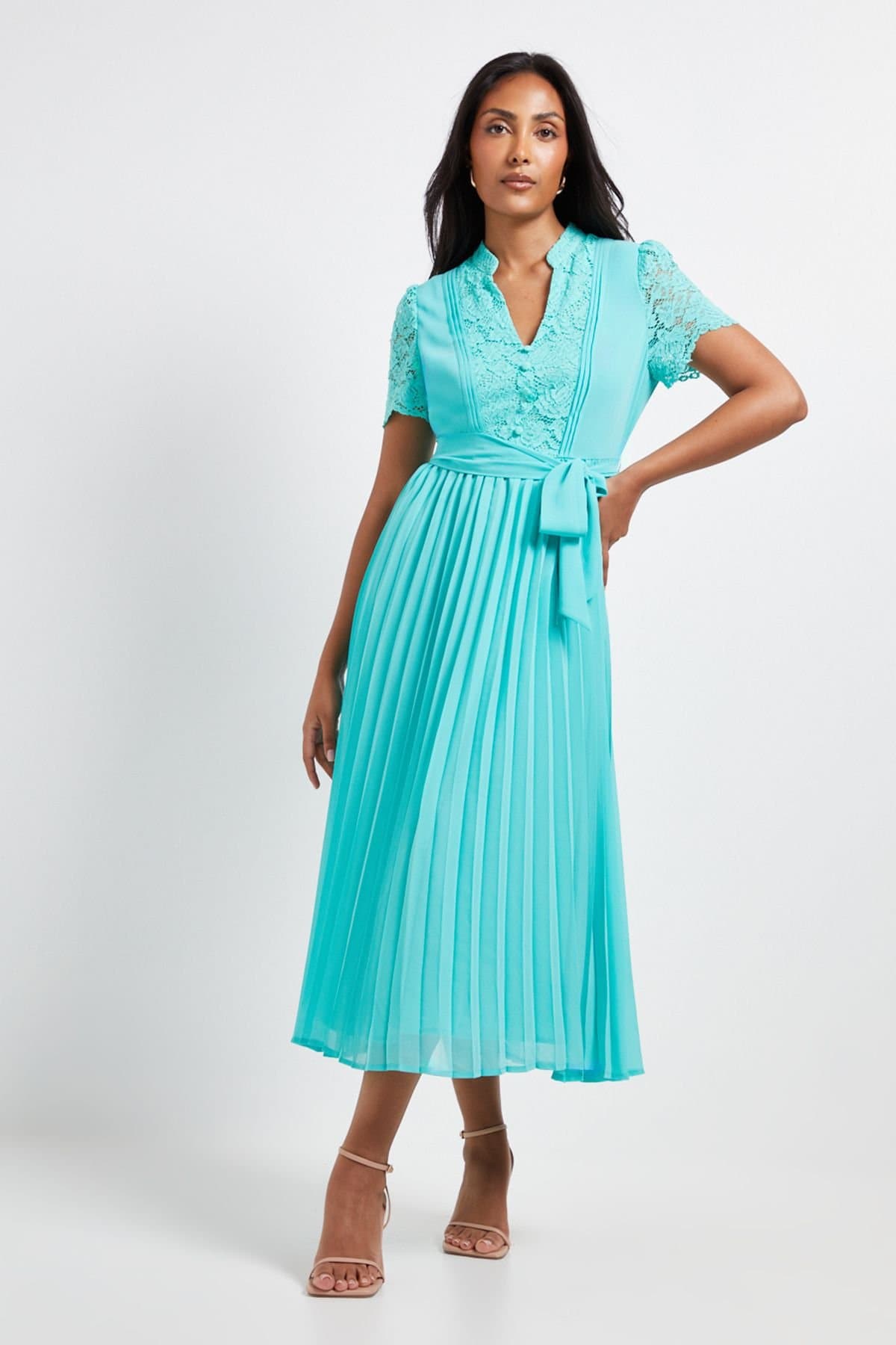 Wallis Wallis Women's Petite Lace Collarless Pleated Midi Dress in Mint