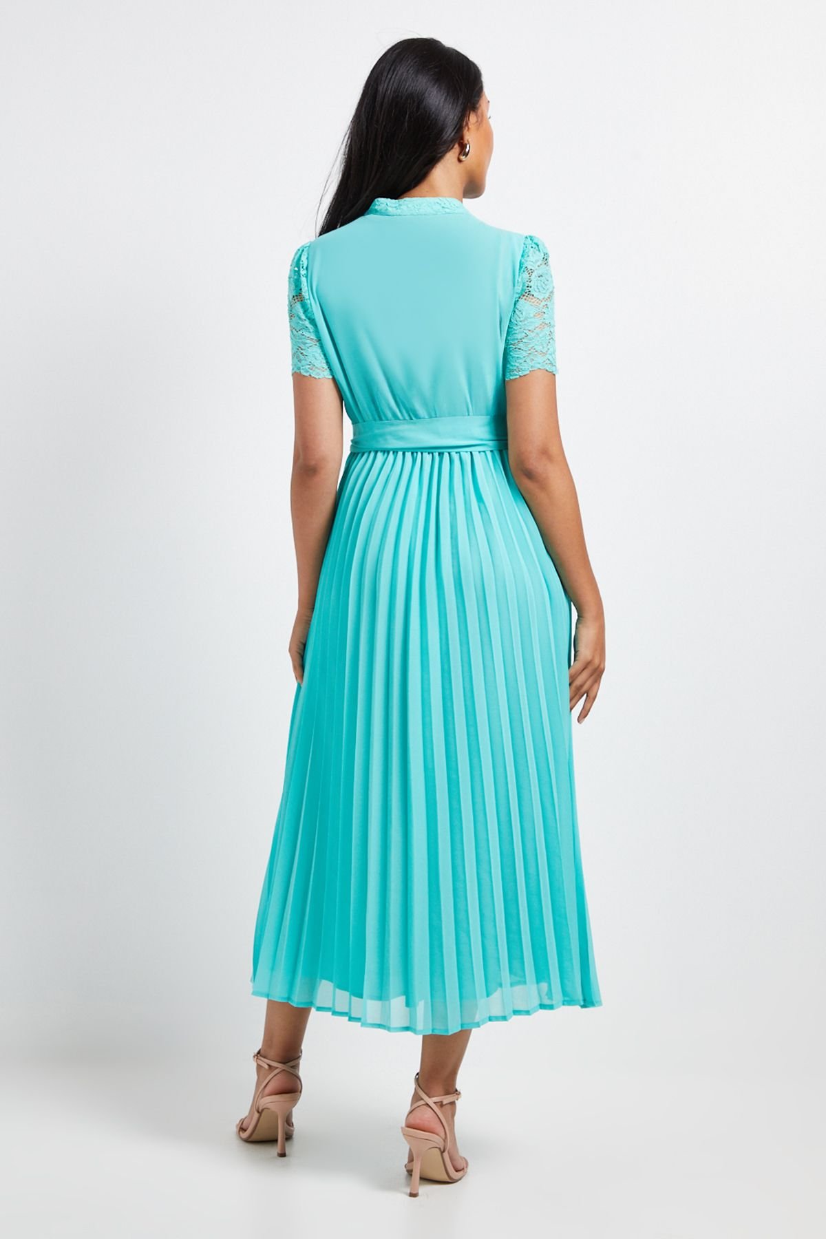 Wallis Wallis Women's Petite Lace Collarless Pleated Midi Dress in Mint - 3