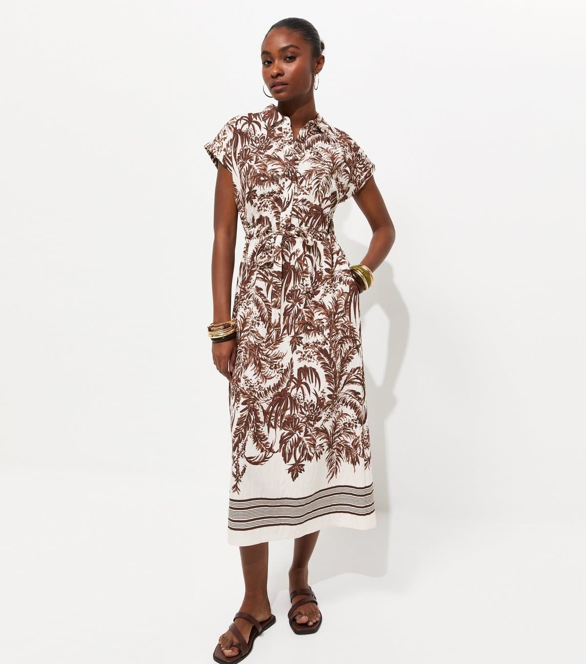 New Look Women's Brown Palm Print Short Sleeve Midi Shirt Dress New Look