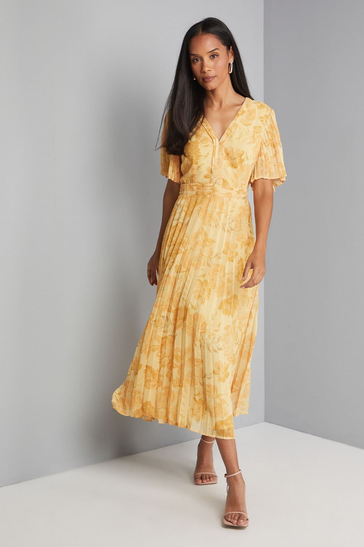 Wallis Wallis Women's Floral Chiffon Pleated Sleeve Midi Dress in Yellow