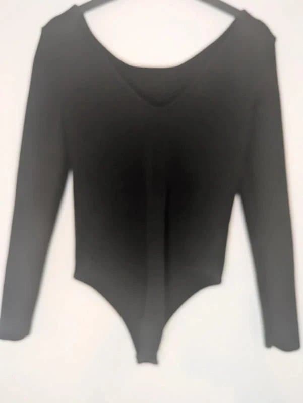 Primark Black Ribbed V-Neck Bodysuit - Long Sleeve Snap Closure - Size S (UK 10/12)