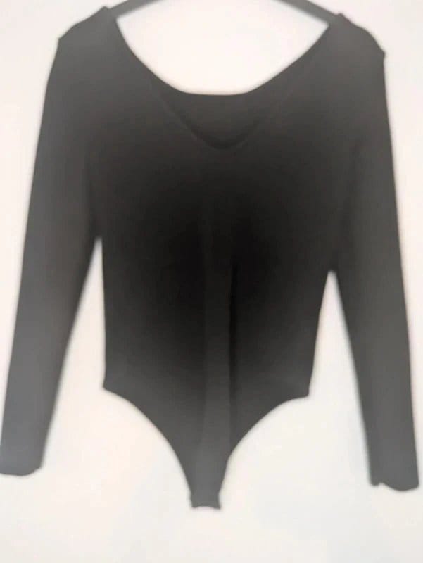 Primark Black Ribbed V-Neck Bodysuit - Long Sleeve - Size S
