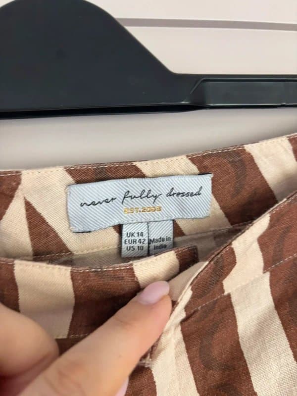 Never Fully Dressed NFD beige and brown striped palm tree trousers size 14