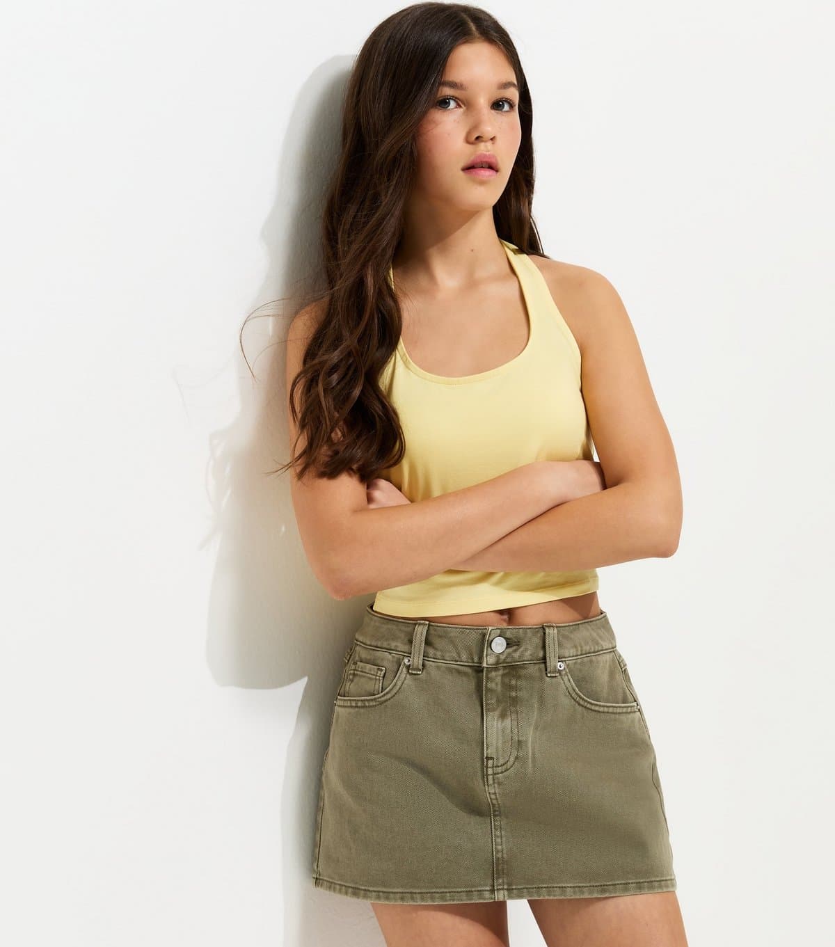 New Look Girls' Khaki Distressed Denim Mini Skort New Look