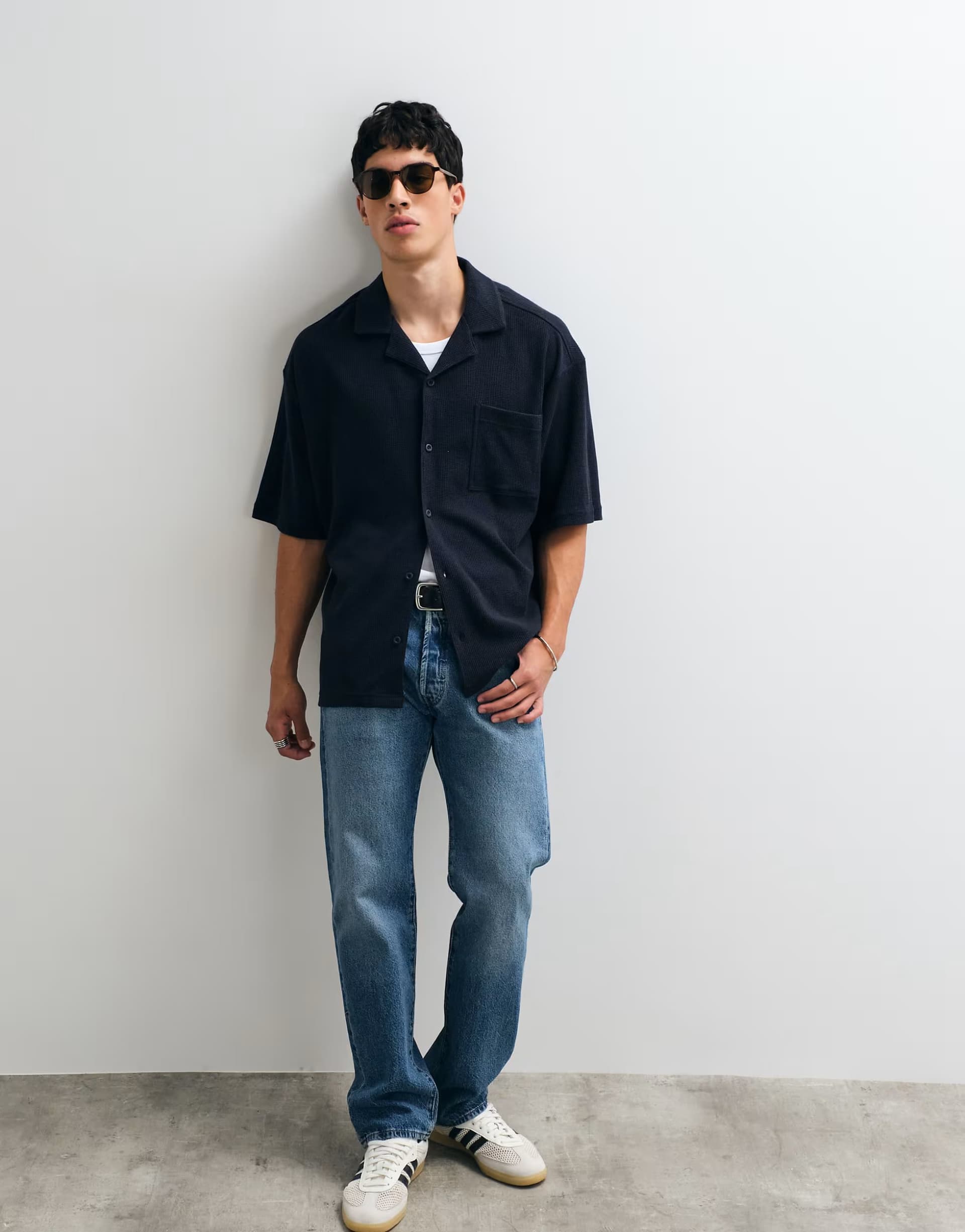ASOS Boss Orange urbanwaffle short sleeve shirt in navy