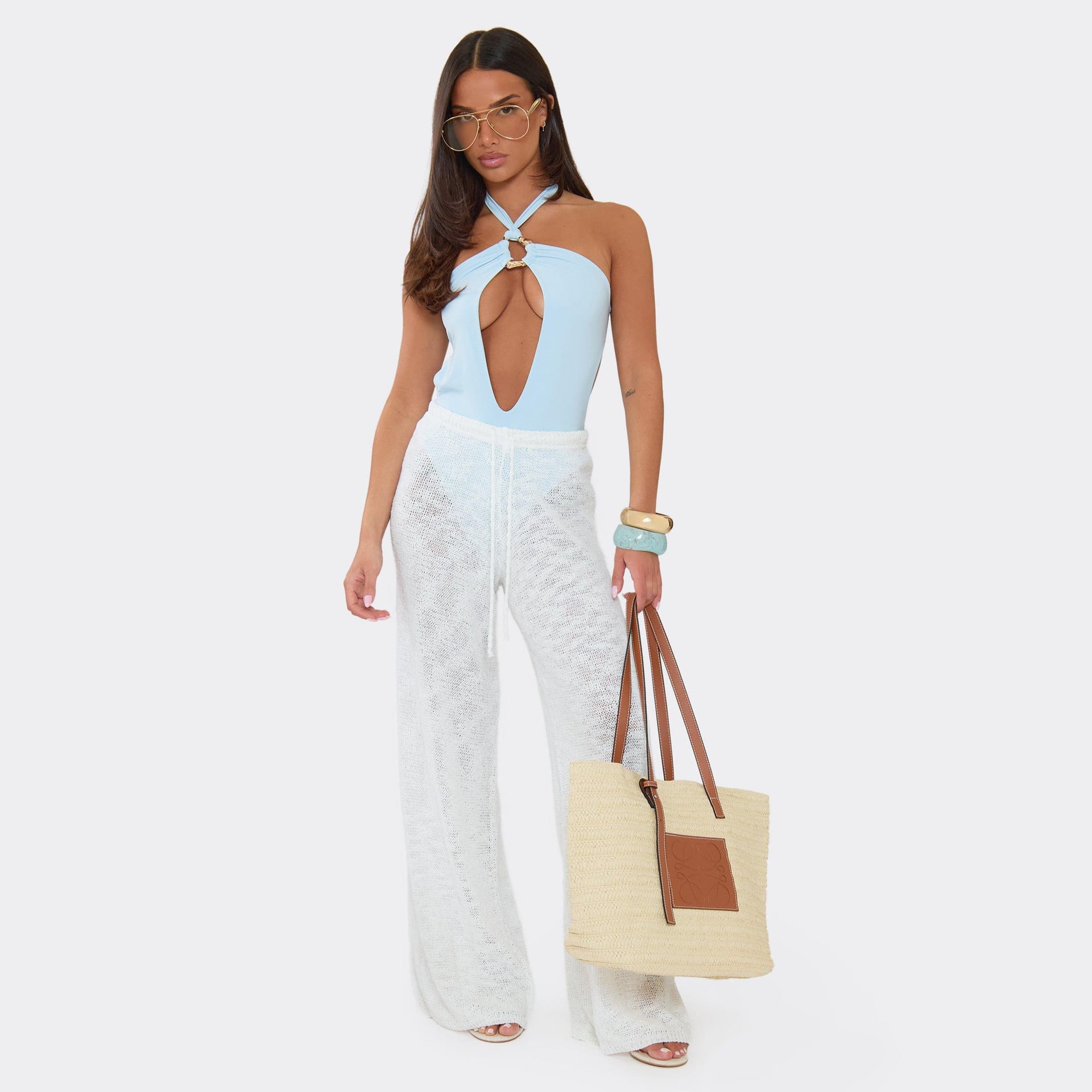 EGO White Knit Drawstring Waist Trousers For Women