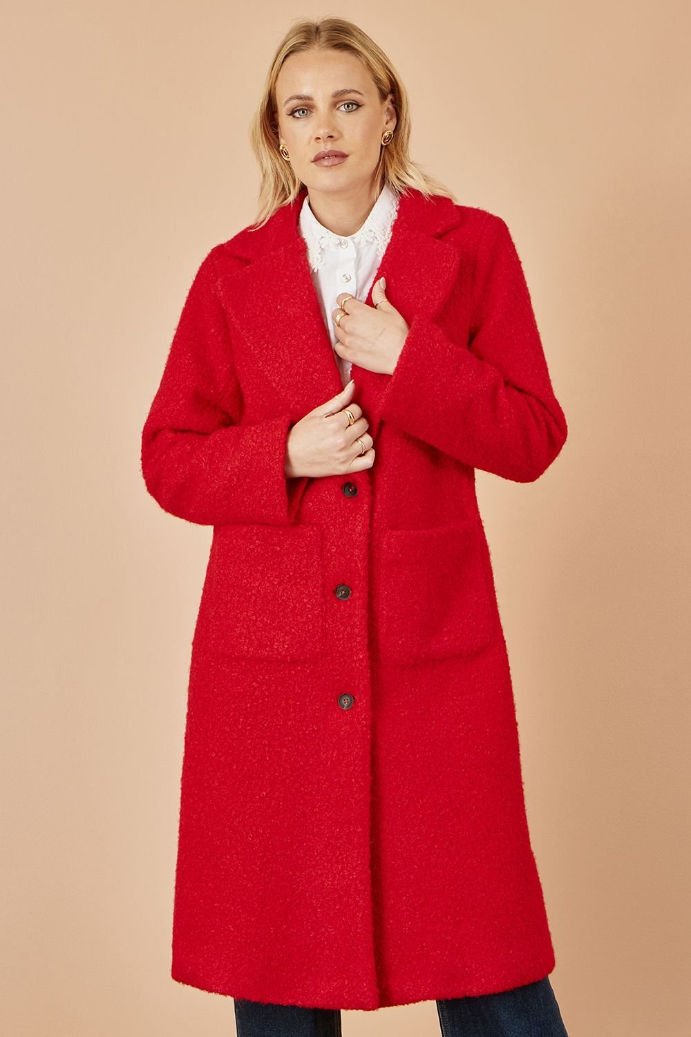 Yumi Yumi Women's Red Boucle Long Line Coat - 2